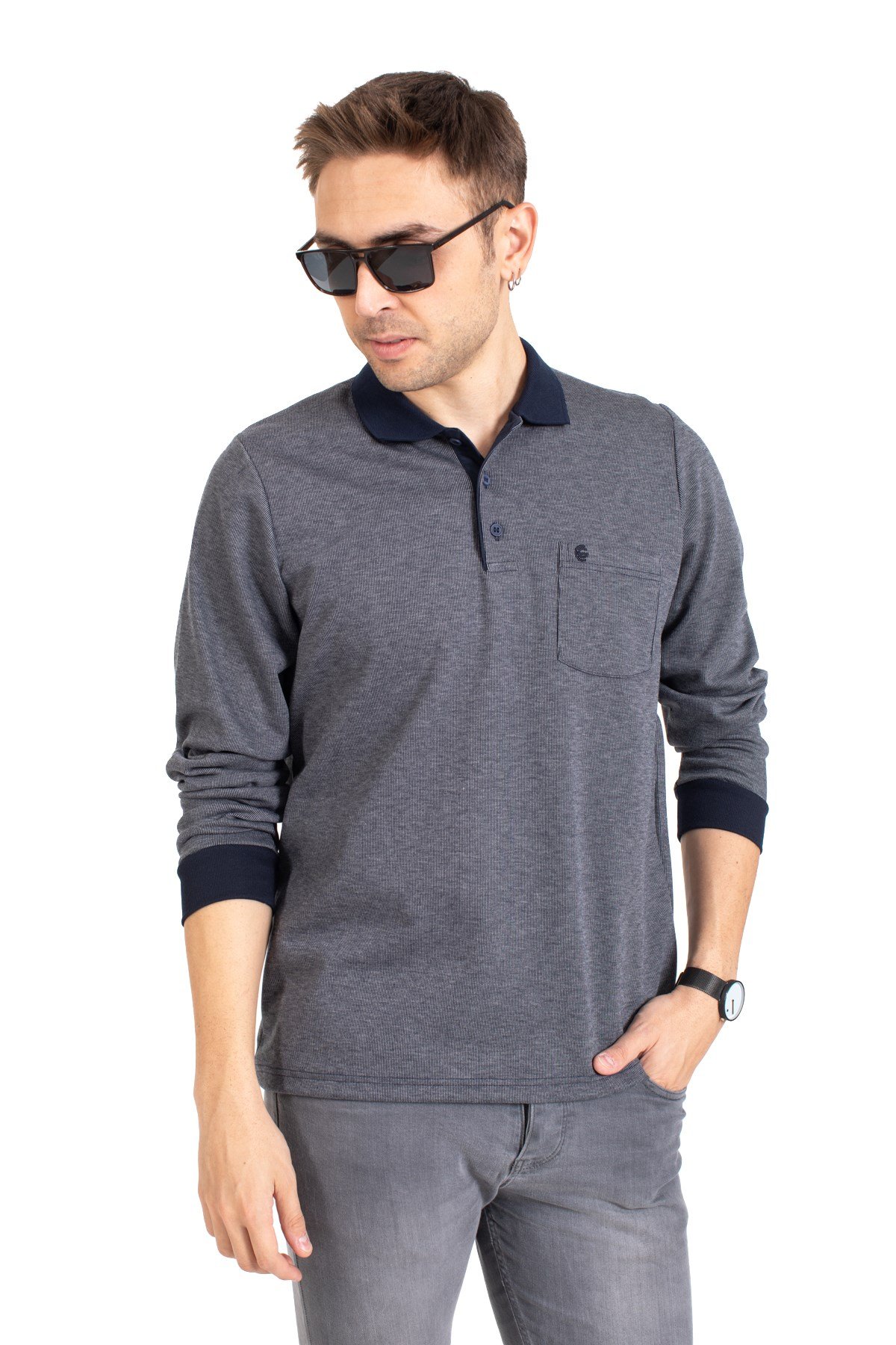 Erkek Orta Yaş ve Üzeri Polo Yaka Cepli Uzun Kollu Fitilli Mevsimlik Sweatshirt 1219-Gri