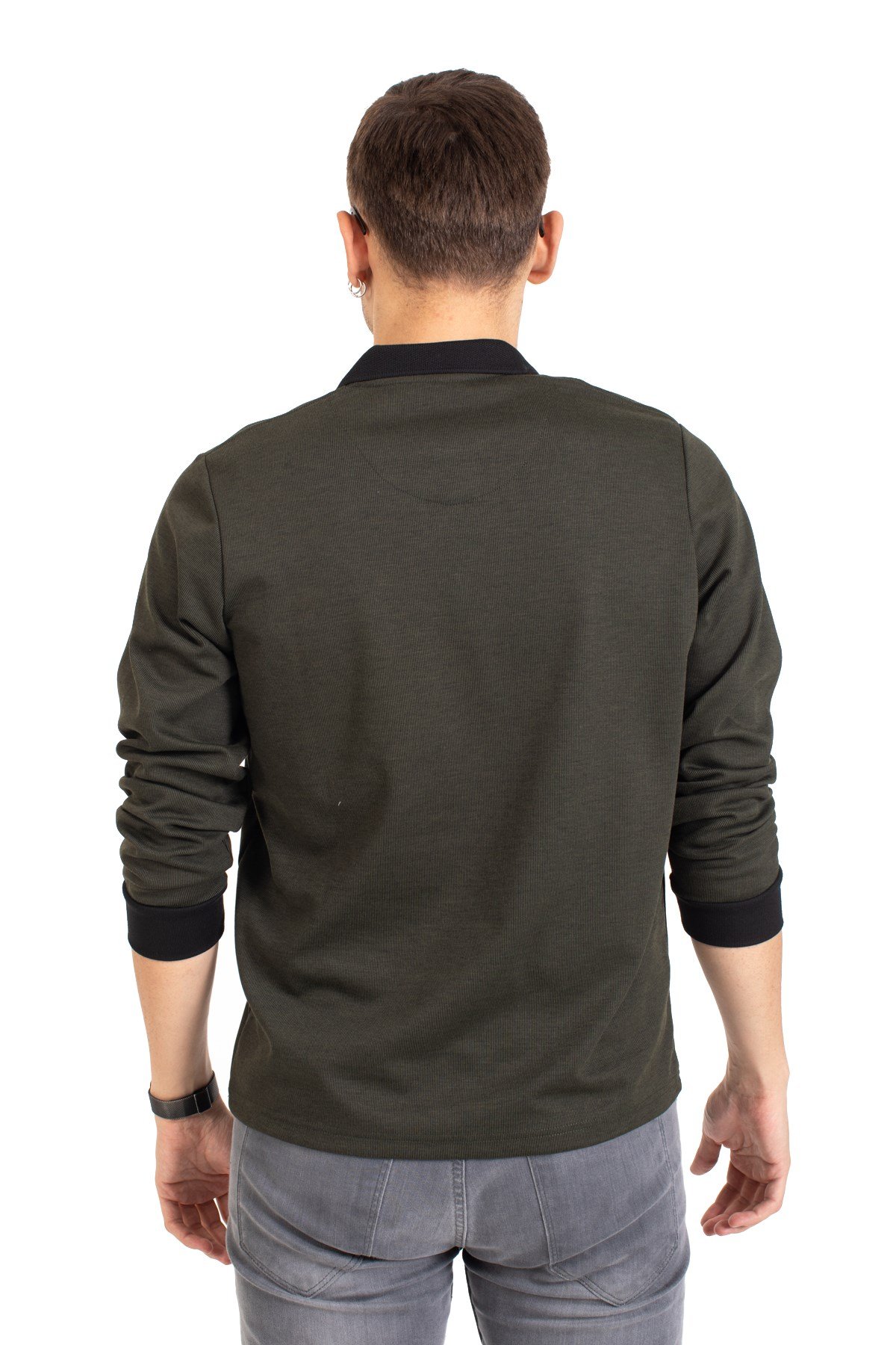 Erkek Orta Yaş ve Üzeri Polo Yaka Cepli Uzun Kollu Fitilli Mevsimlik Sweatshirt 1219-Haki Yeşili