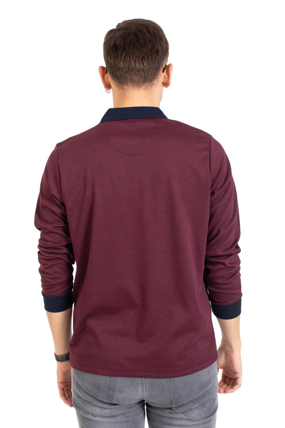 Erkek Orta Yaş ve Üzeri Polo Yaka Cepli Uzun Kollu Fitilli Mevsimlik Sweatshirt 1219-Bordo