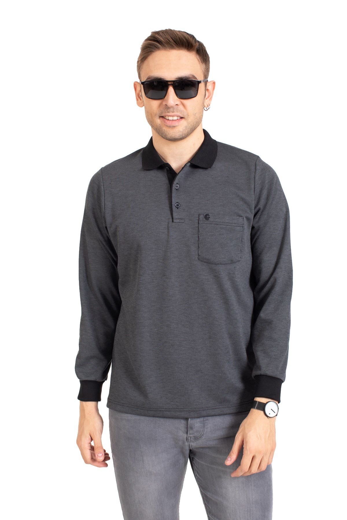 Erkek Orta Yaş ve Üzeri Polo Yaka Cepli Uzun Kollu Fitilli Mevsimlik Sweatshirt 1219-Füme