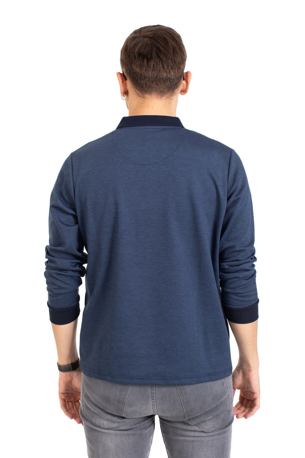 Erkek Orta Yaş ve Üzeri Polo Yaka Cepli Uzun Kollu Fitilli Mevsimlik Sweatshirt 1219-İndigo