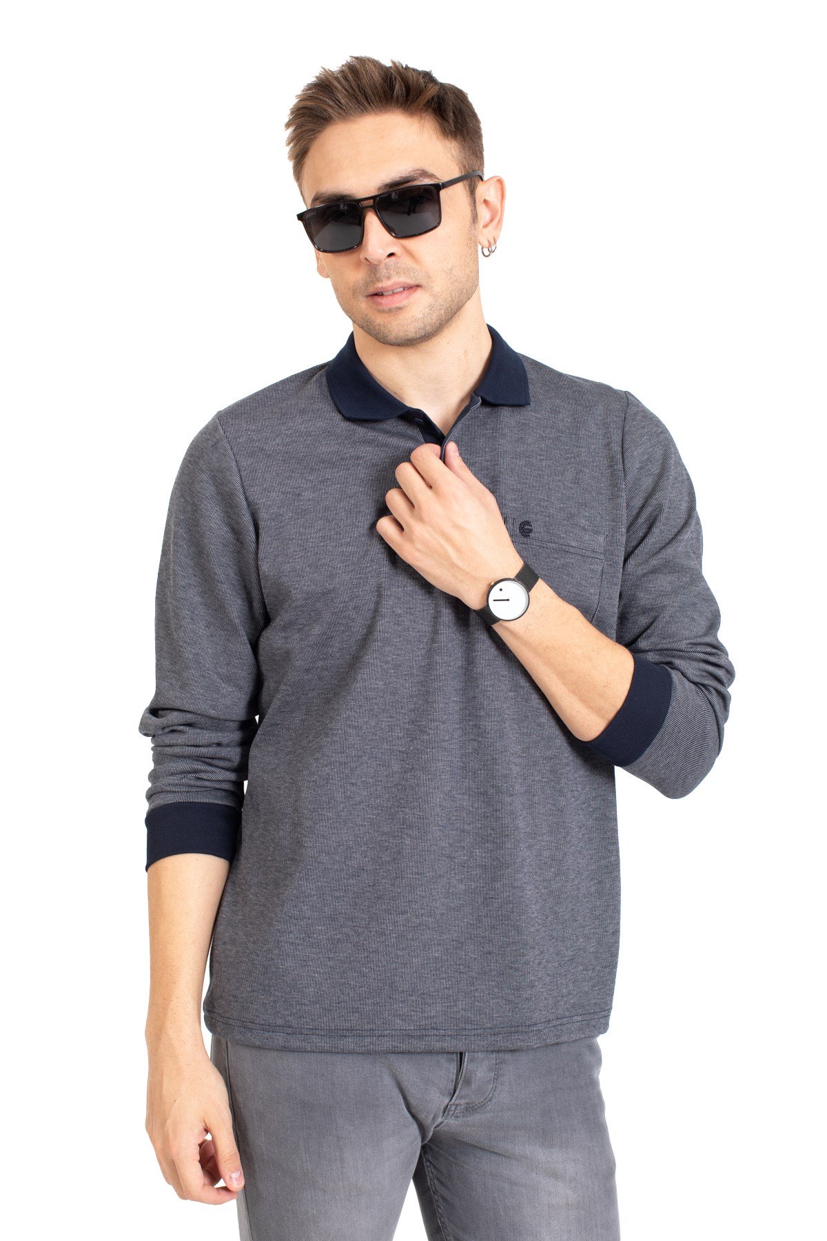 Erkek Orta Yaş ve Üzeri Polo Yaka Cepli Uzun Kollu Fitilli Mevsimlik Sweatshirt 1219-Gri