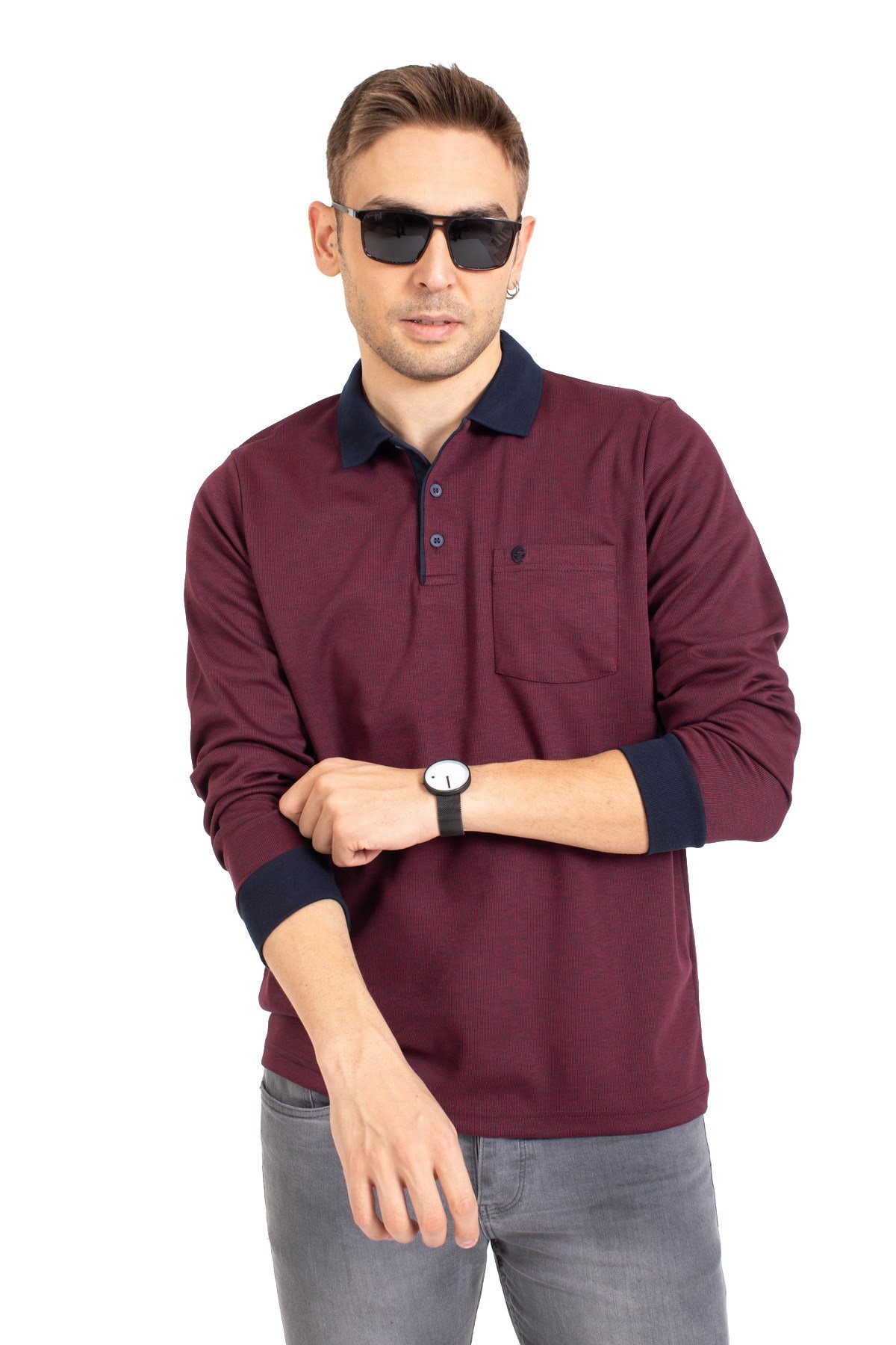 Erkek Orta Yaş ve Üzeri Polo Yaka Cepli Uzun Kollu Fitilli Mevsimlik Sweatshirt 1219-Bordo