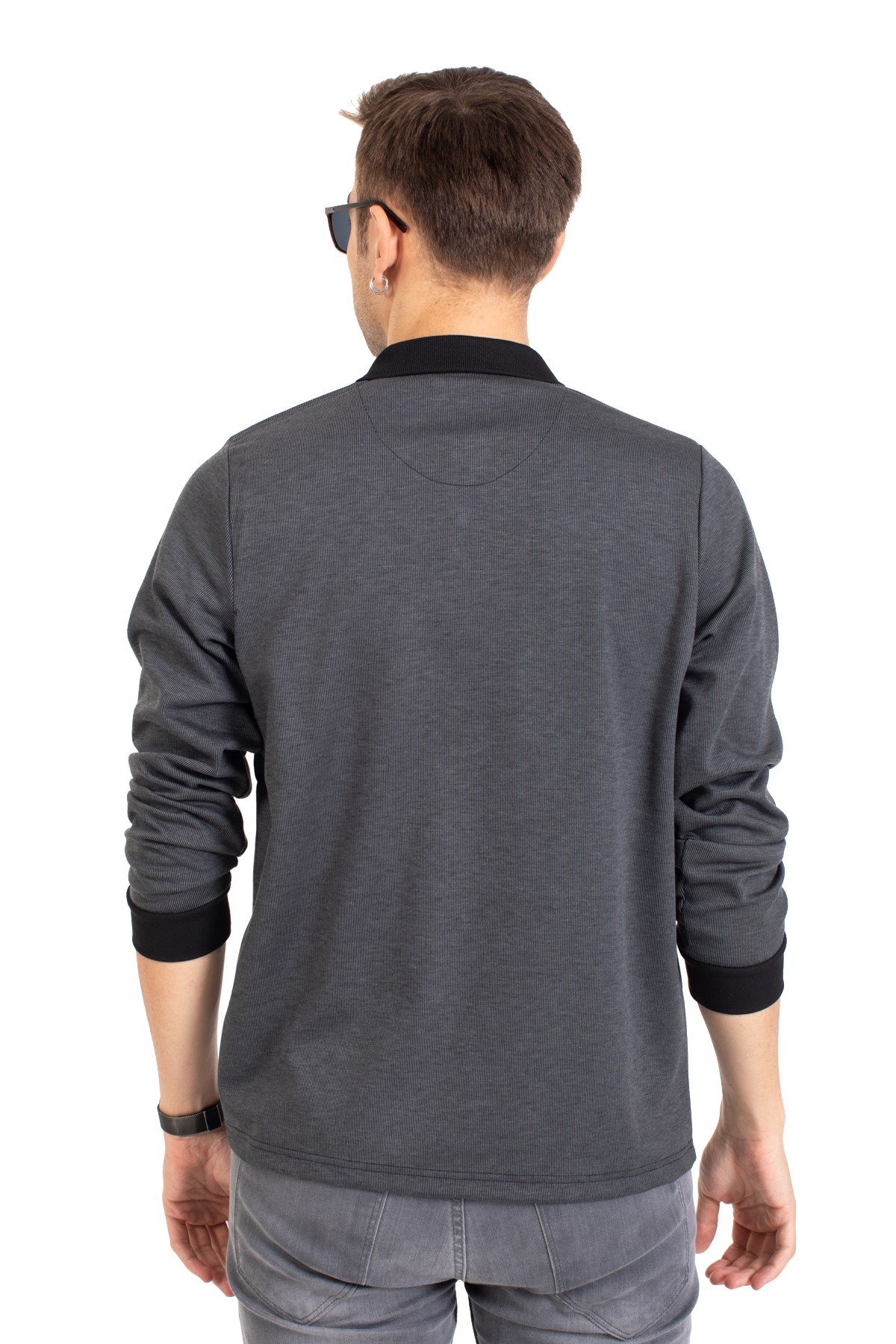 Erkek Orta Yaş ve Üzeri Polo Yaka Cepli Uzun Kollu Fitilli Mevsimlik Sweatshirt 1219-Füme