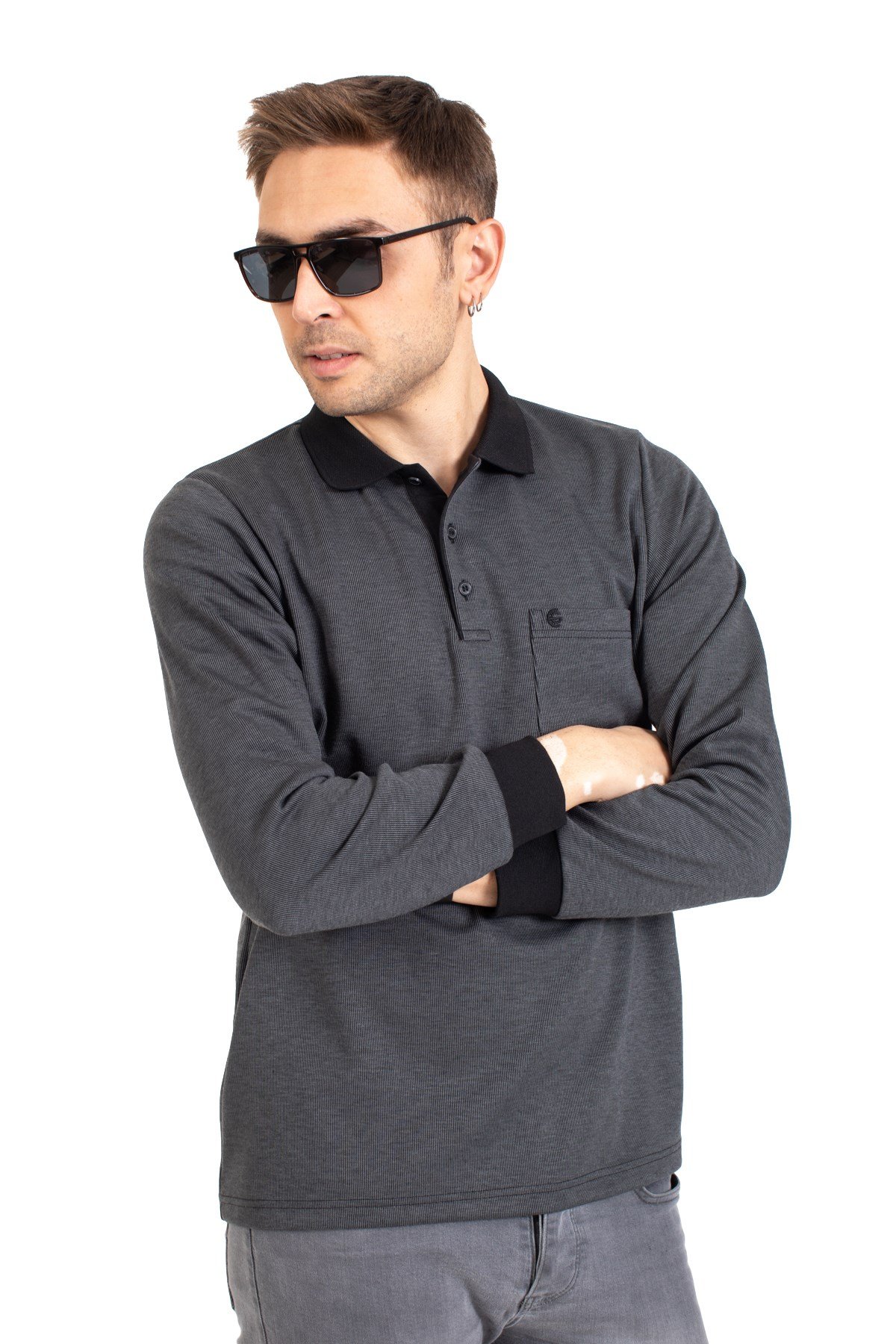 Erkek Orta Yaş ve Üzeri Polo Yaka Cepli Uzun Kollu Fitilli Mevsimlik Sweatshirt 1219-Füme