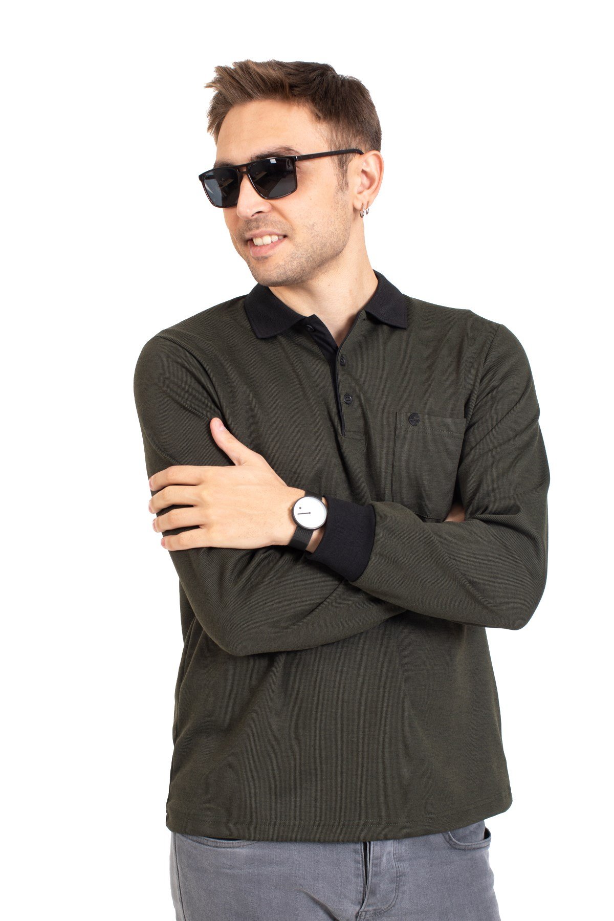 Erkek Orta Yaş ve Üzeri Polo Yaka Cepli Uzun Kollu Fitilli Mevsimlik Sweatshirt 1219-Haki Yeşili