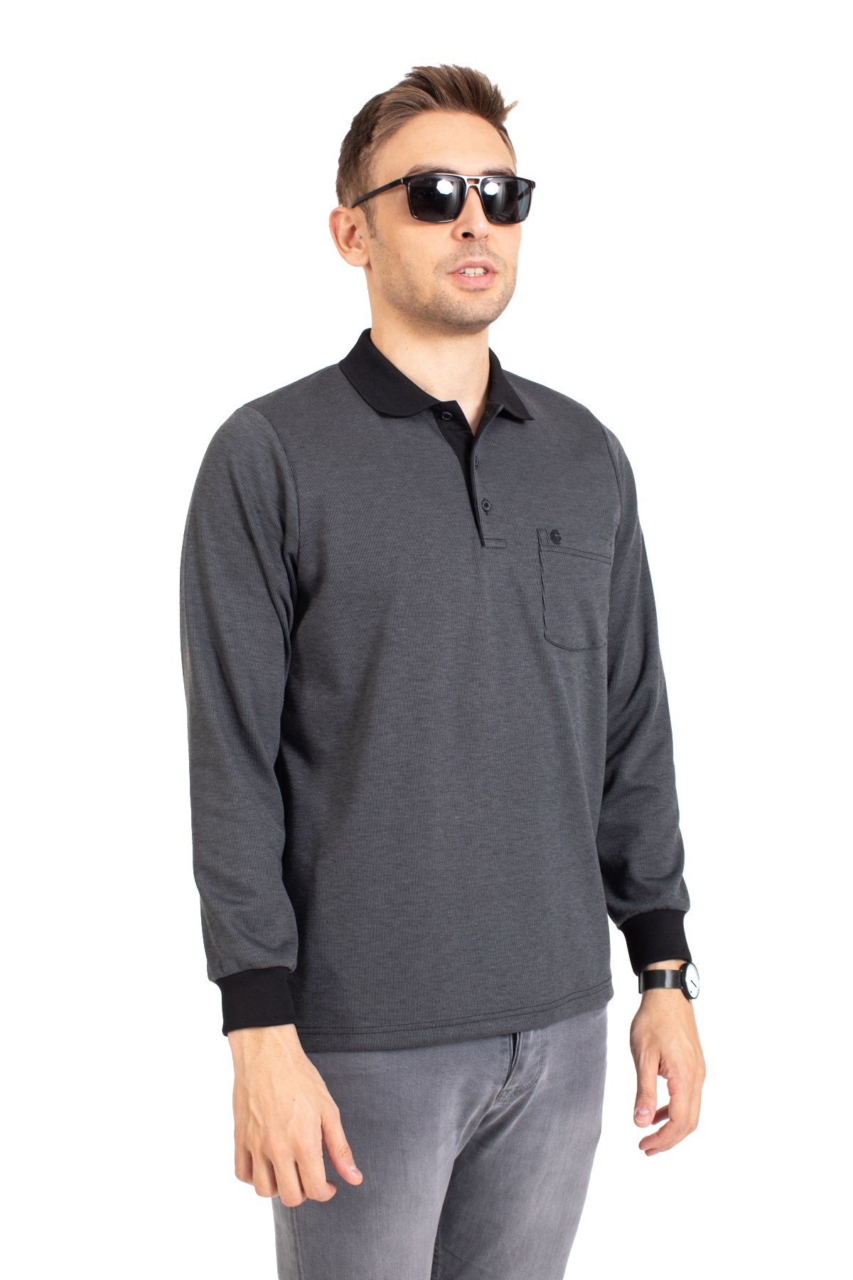 Erkek Orta Yaş ve Üzeri Polo Yaka Cepli Uzun Kollu Fitilli Mevsimlik Sweatshirt 1219-Füme