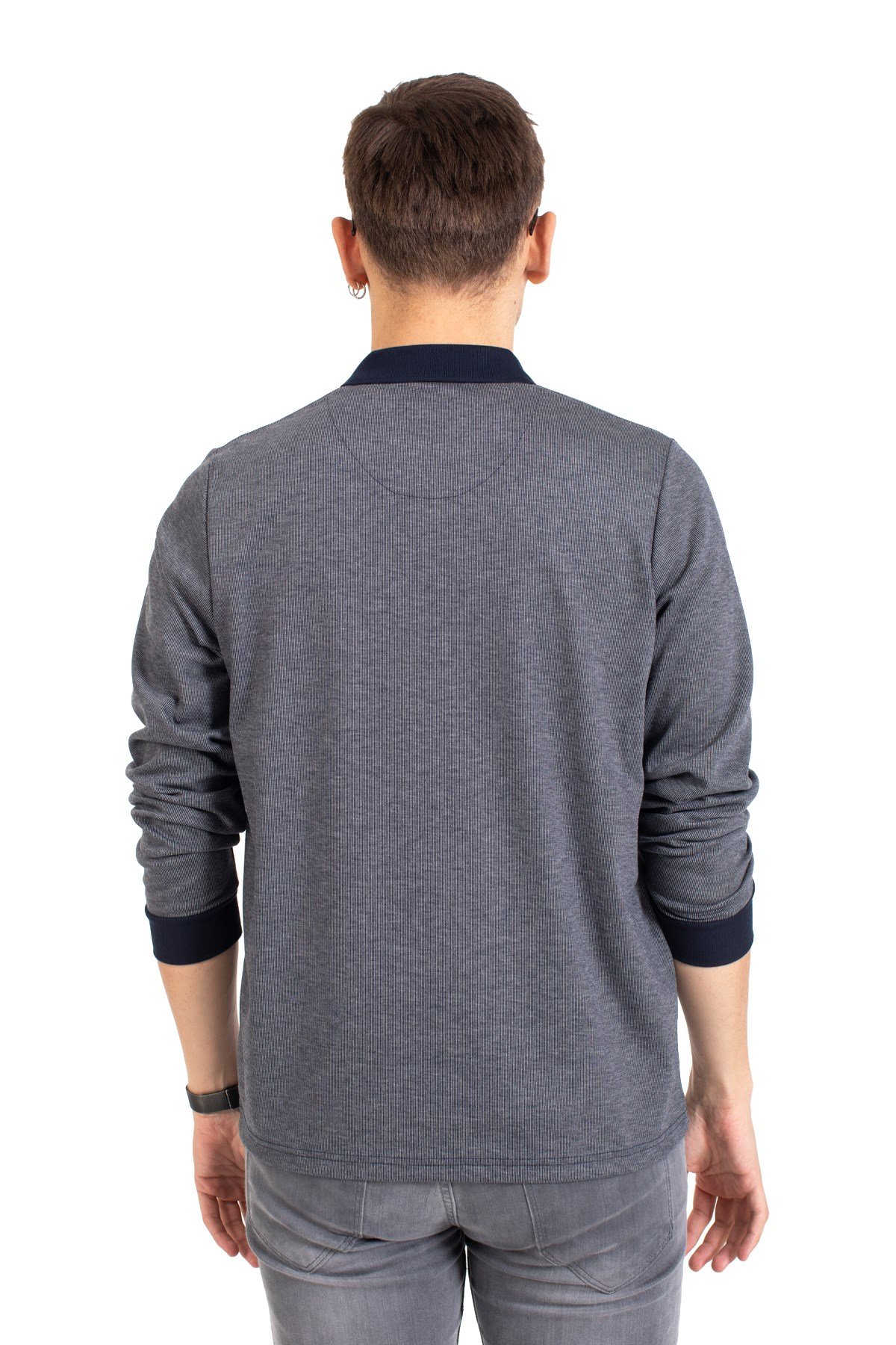 Erkek Orta Yaş ve Üzeri Polo Yaka Cepli Uzun Kollu Fitilli Mevsimlik Sweatshirt 1219-Gri