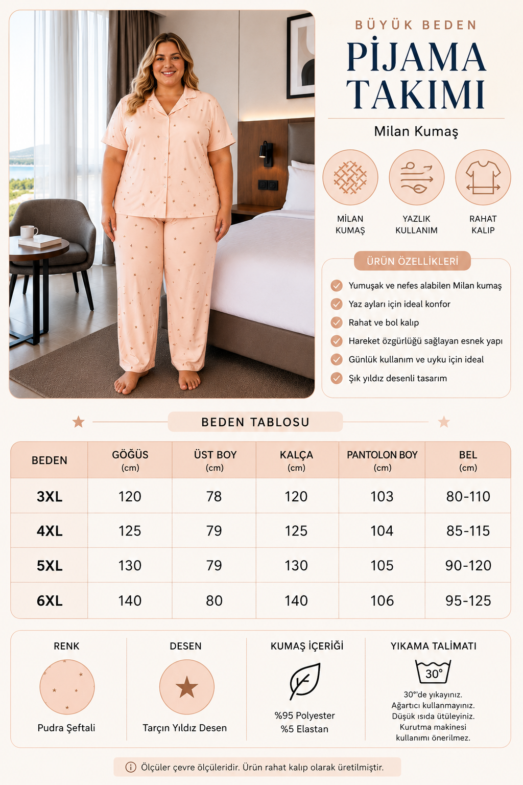 Kadın Büyük Beden Milan Kumaş Düğmeli Pijama Takımı 3184