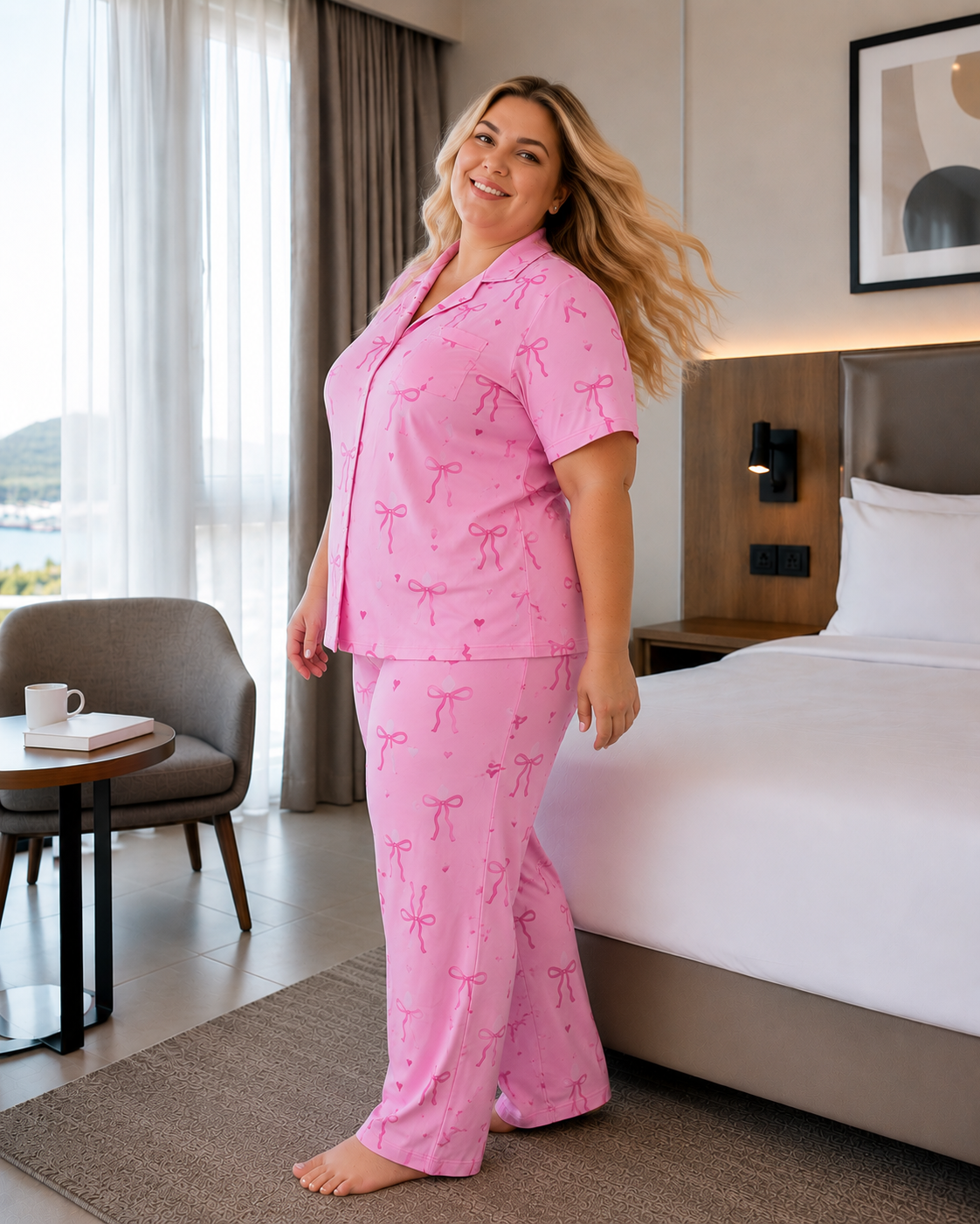 Kadın Büyük Beden Milan Kumaş Düğmeli Pijama Takımı 3185