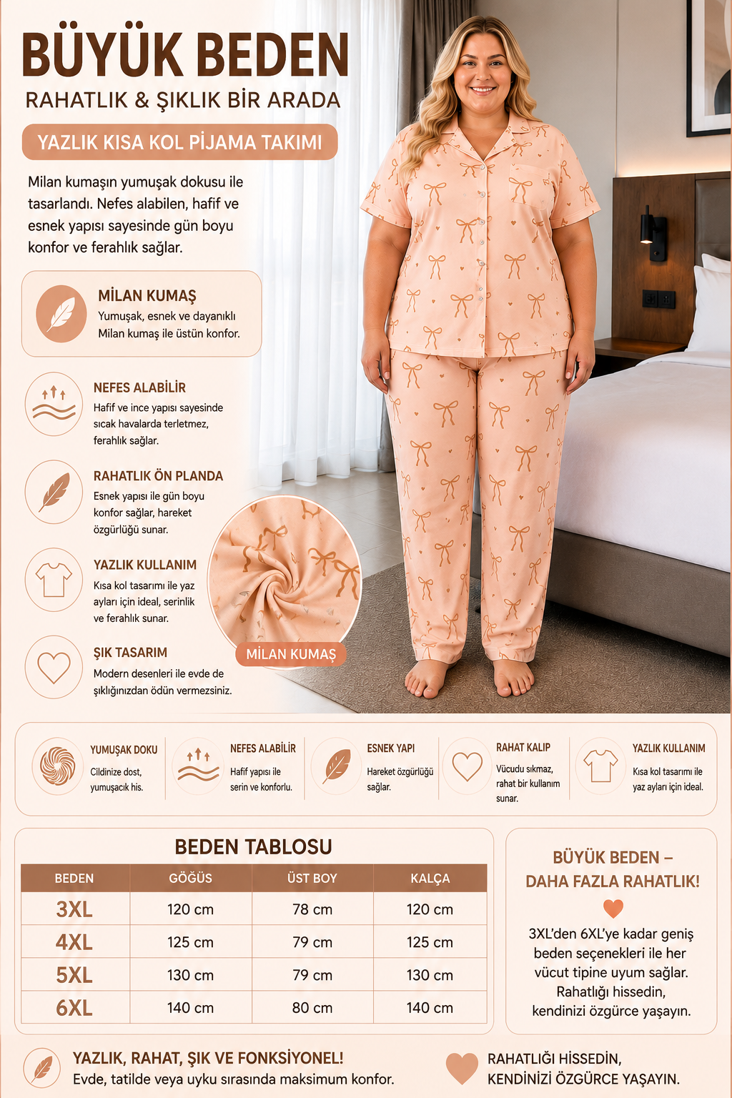 Kadın Büyük Beden Milan Kumaş Düğmeli Pijama Takımı 3185