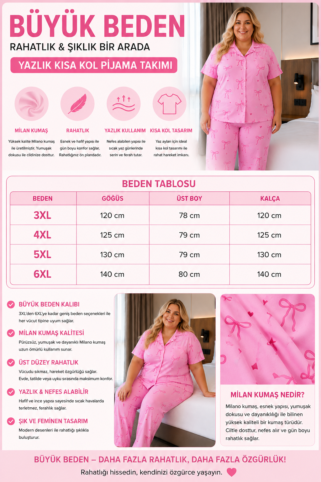 Kadın Büyük Beden Milan Kumaş Düğmeli Pijama Takımı 3185