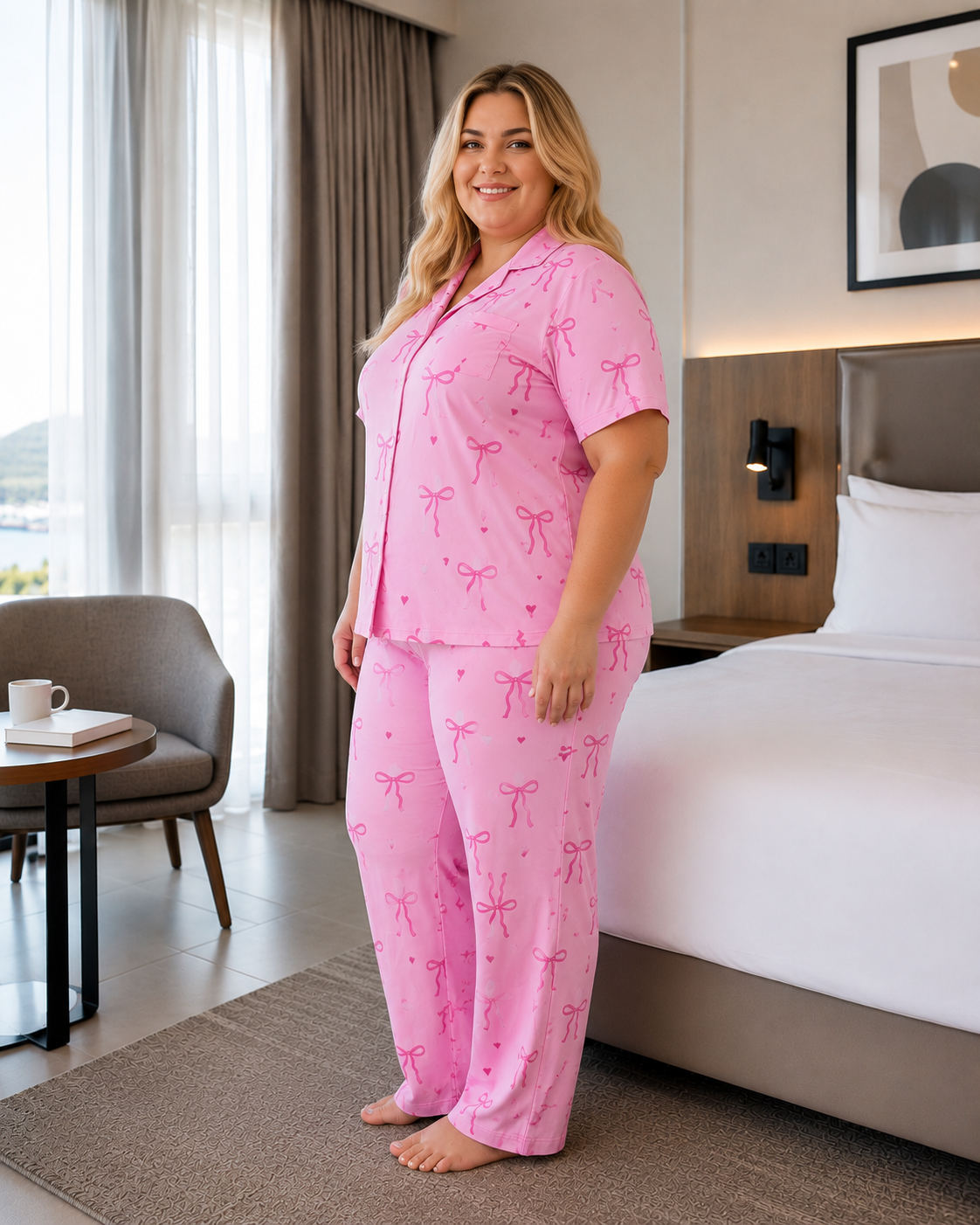 Kadın Büyük Beden Milan Kumaş Düğmeli Pijama Takımı 3185