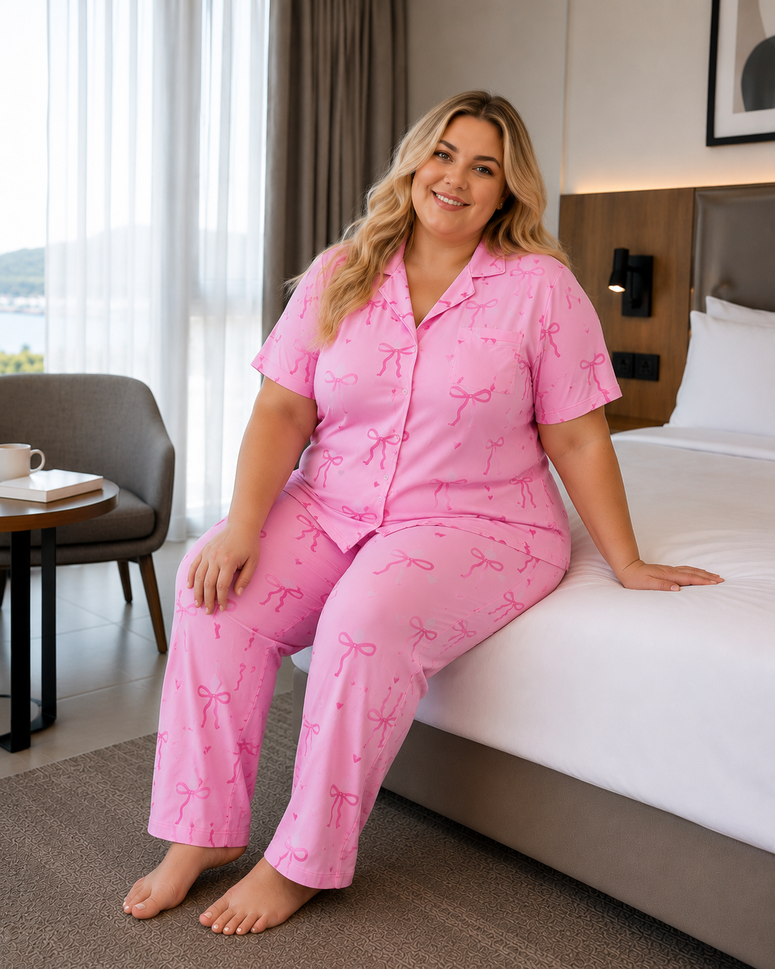 Kadın Büyük Beden Milan Kumaş Düğmeli Pijama Takımı 3185