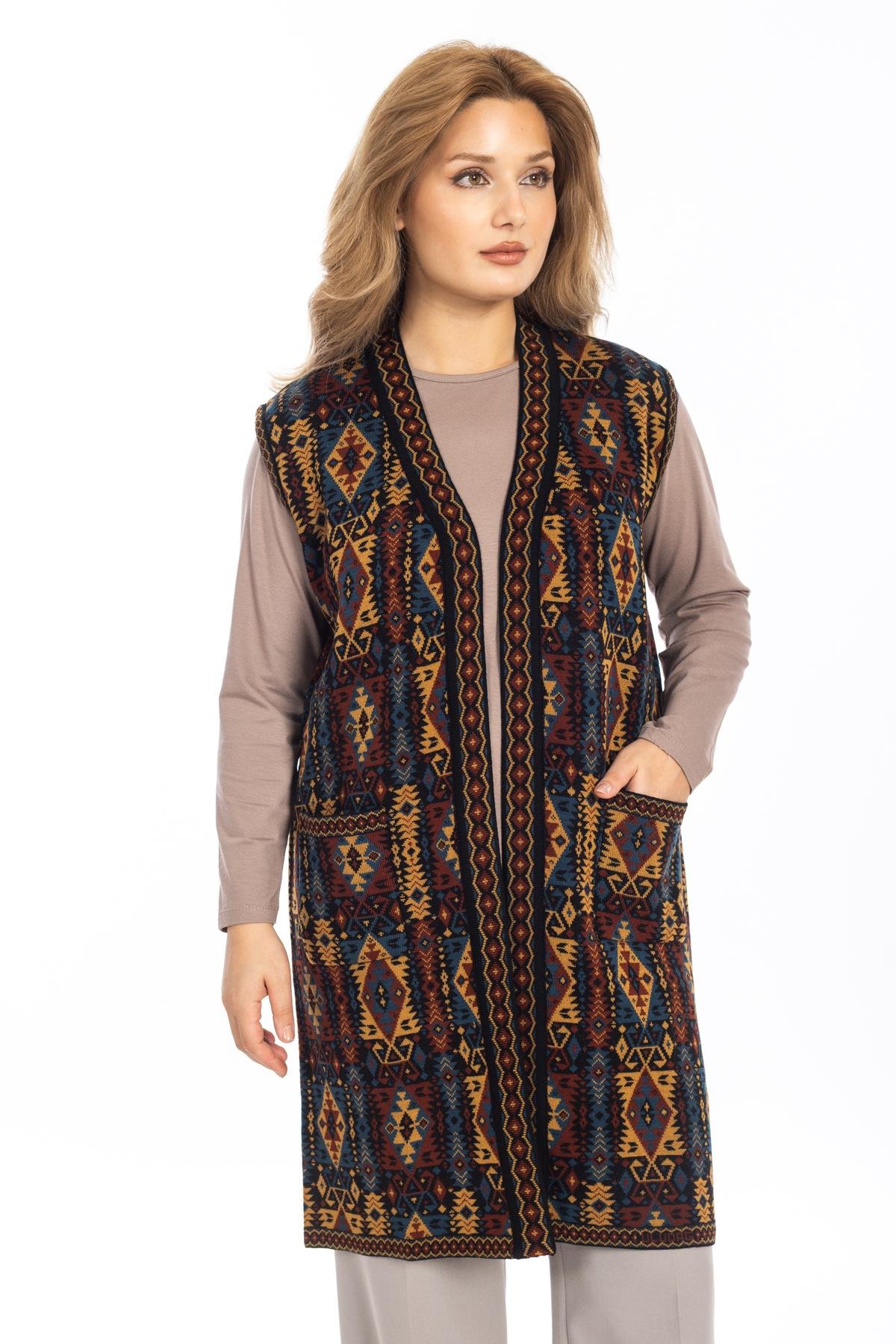 Kadın Klasik Etnik Desen Triko Örgü Kilim Anne Yelek 1052 Uzun