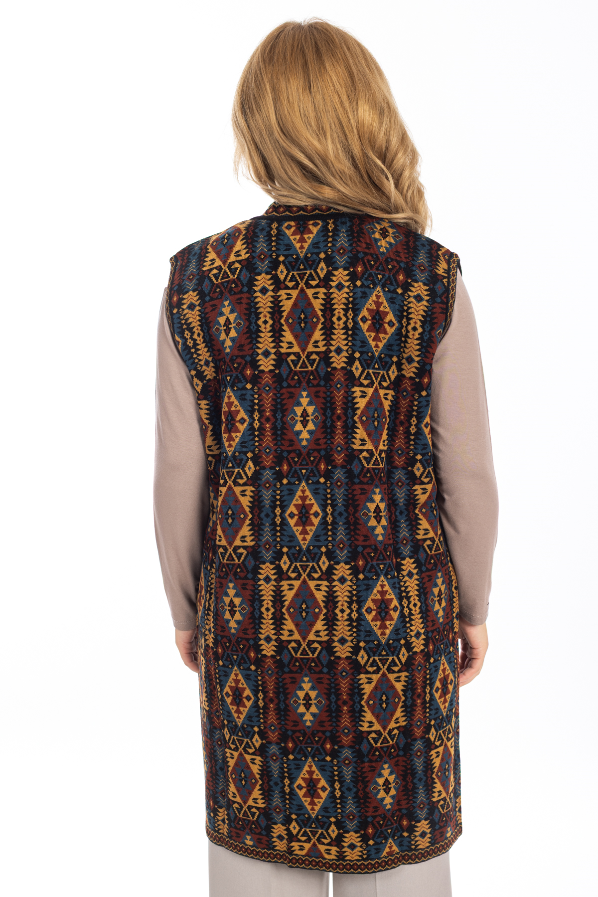 Kadın Klasik Etnik Desen Triko Örgü Kilim Anne Yelek 1052 Uzun