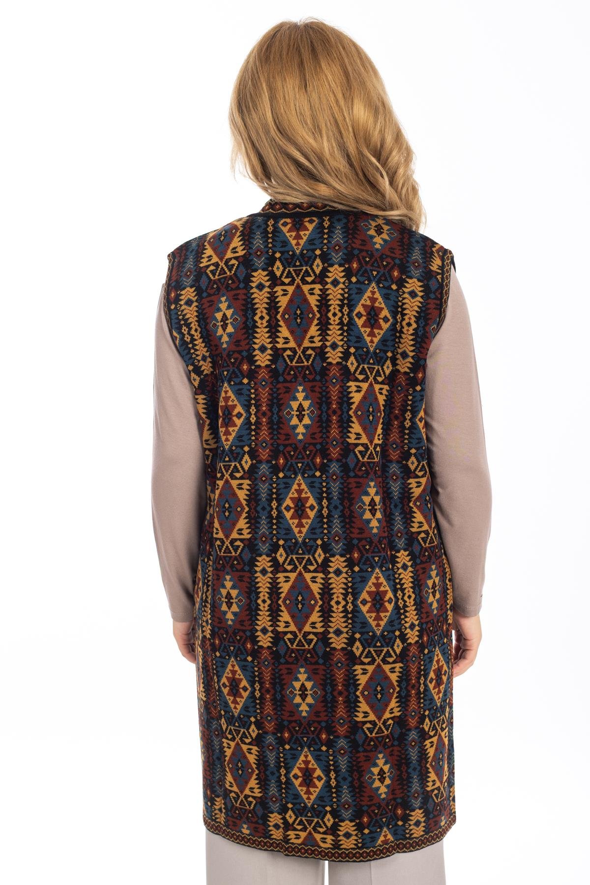 Kadın Klasik Etnik Desen Triko Örgü Kilim Anne Yelek 1052 Uzun