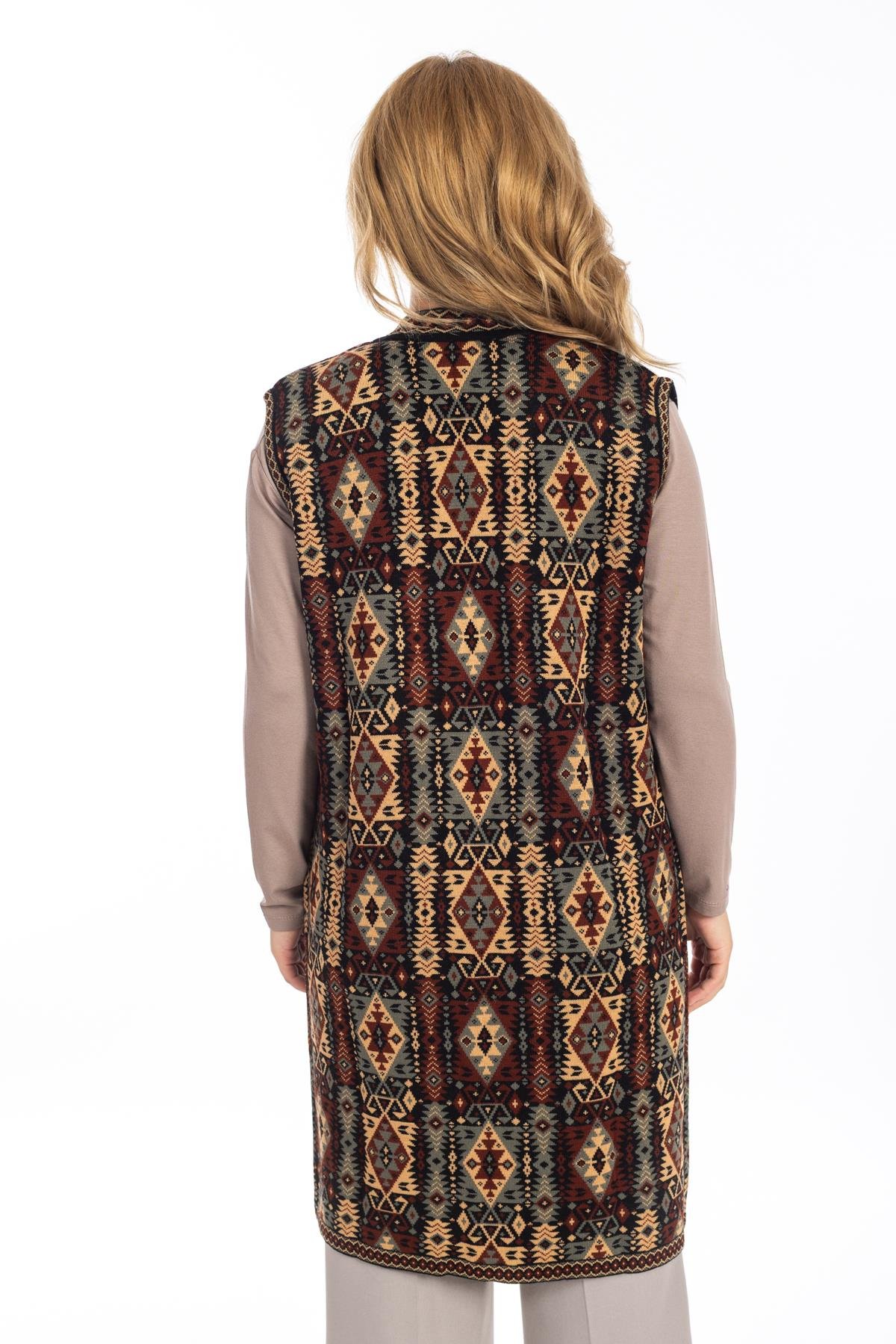 Kadın Klasik Etnik Desen Triko Örgü Kilim Anne Yelek 1052 Uzun