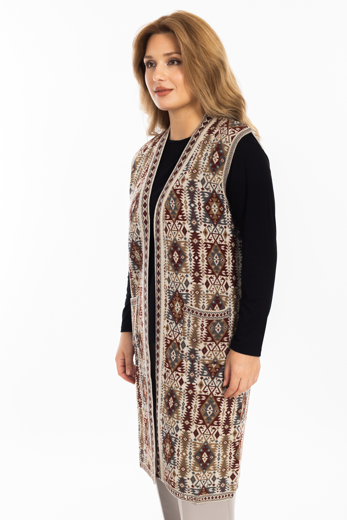 Kadın Klasik Etnik Desen Triko Örgü Kilim Anne Yelek 1052 Uzun