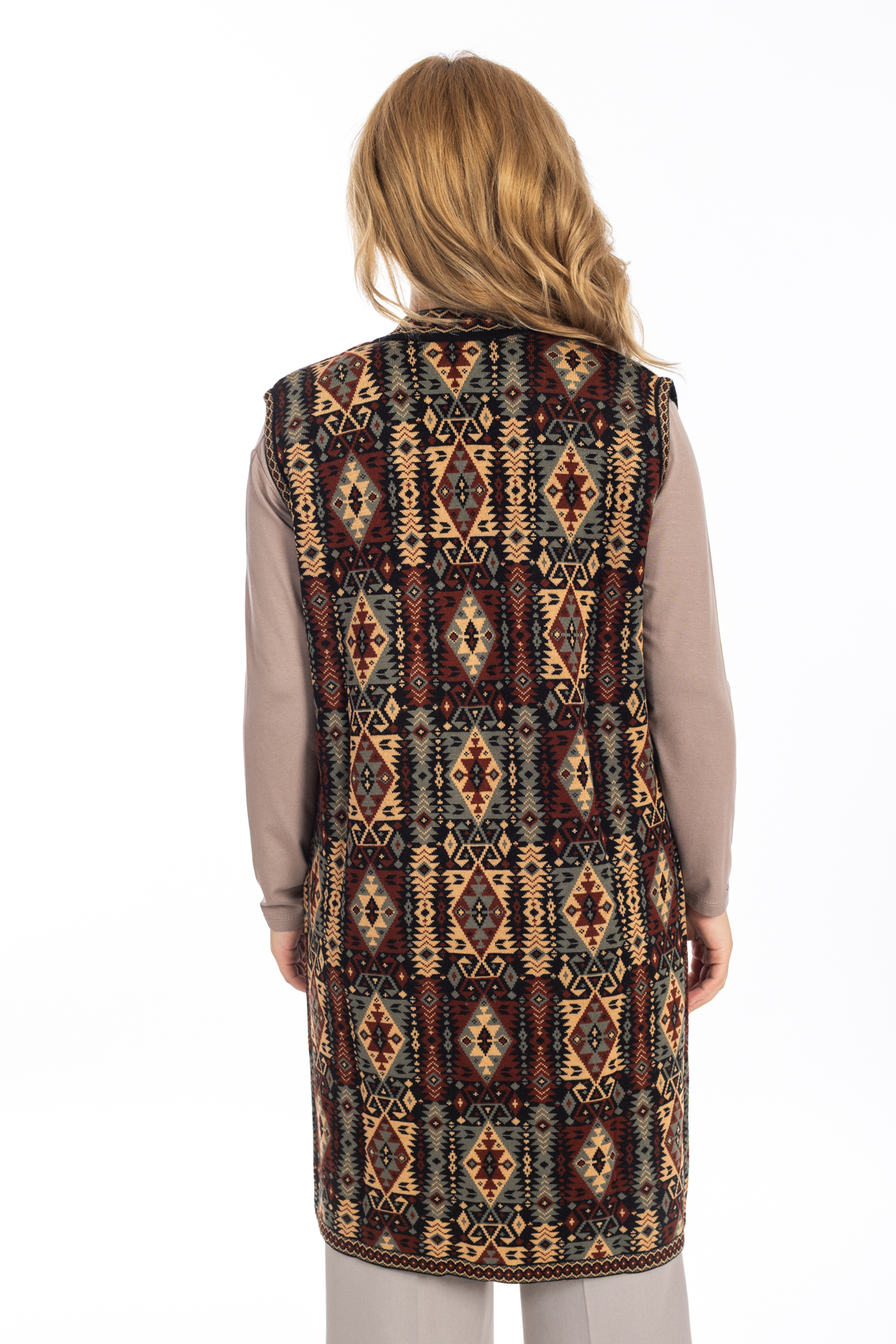 Kadın Klasik Etnik Desen Triko Örgü Kilim Anne Yelek 1052 Uzun