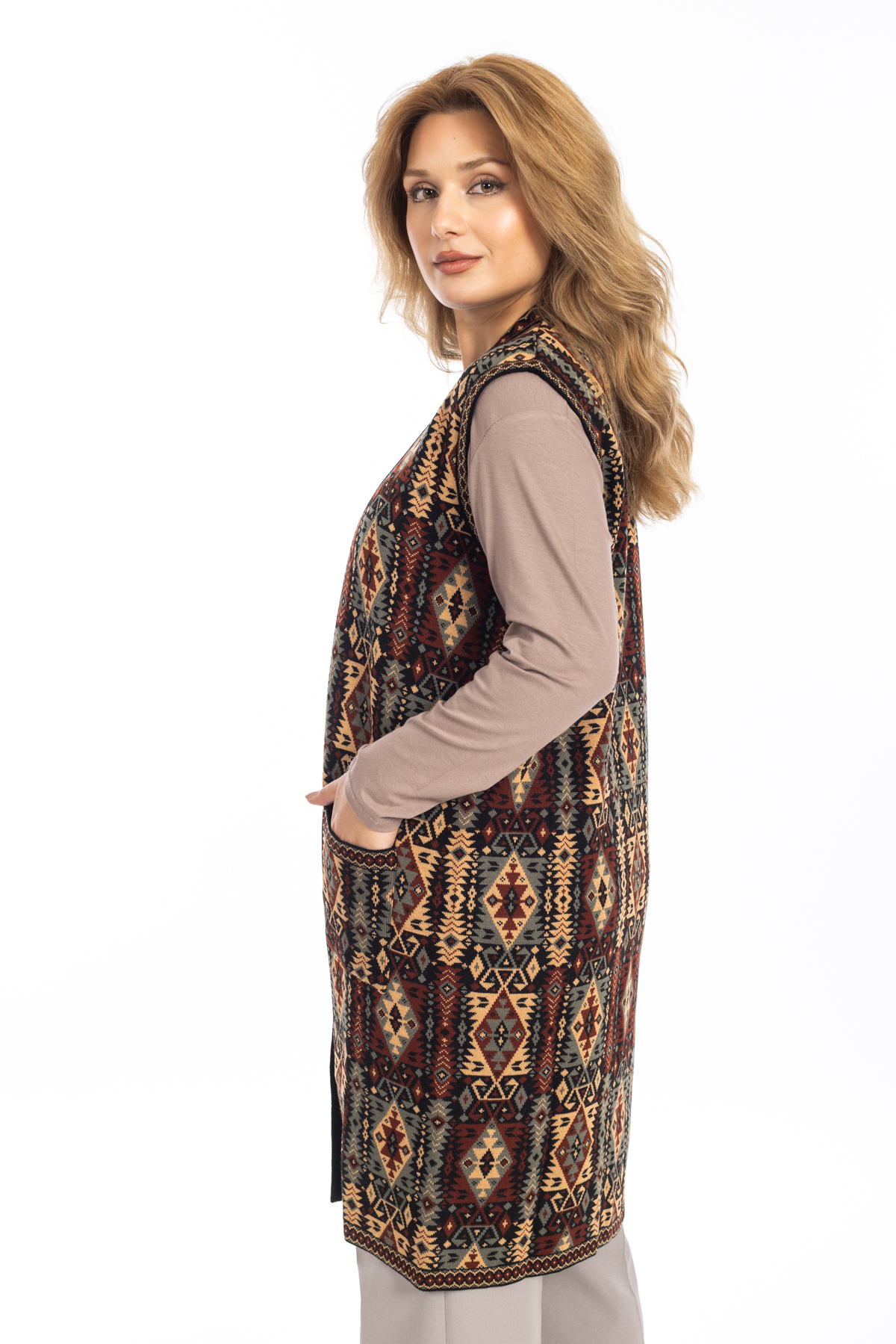 Kadın Klasik Etnik Desen Triko Örgü Kilim Anne Yelek 1052 Uzun