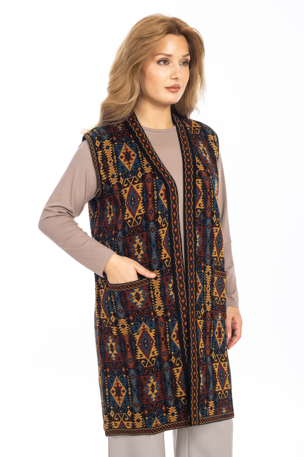 Kadın Klasik Etnik Desen Triko Örgü Kilim Anne Yelek 1052 Uzun