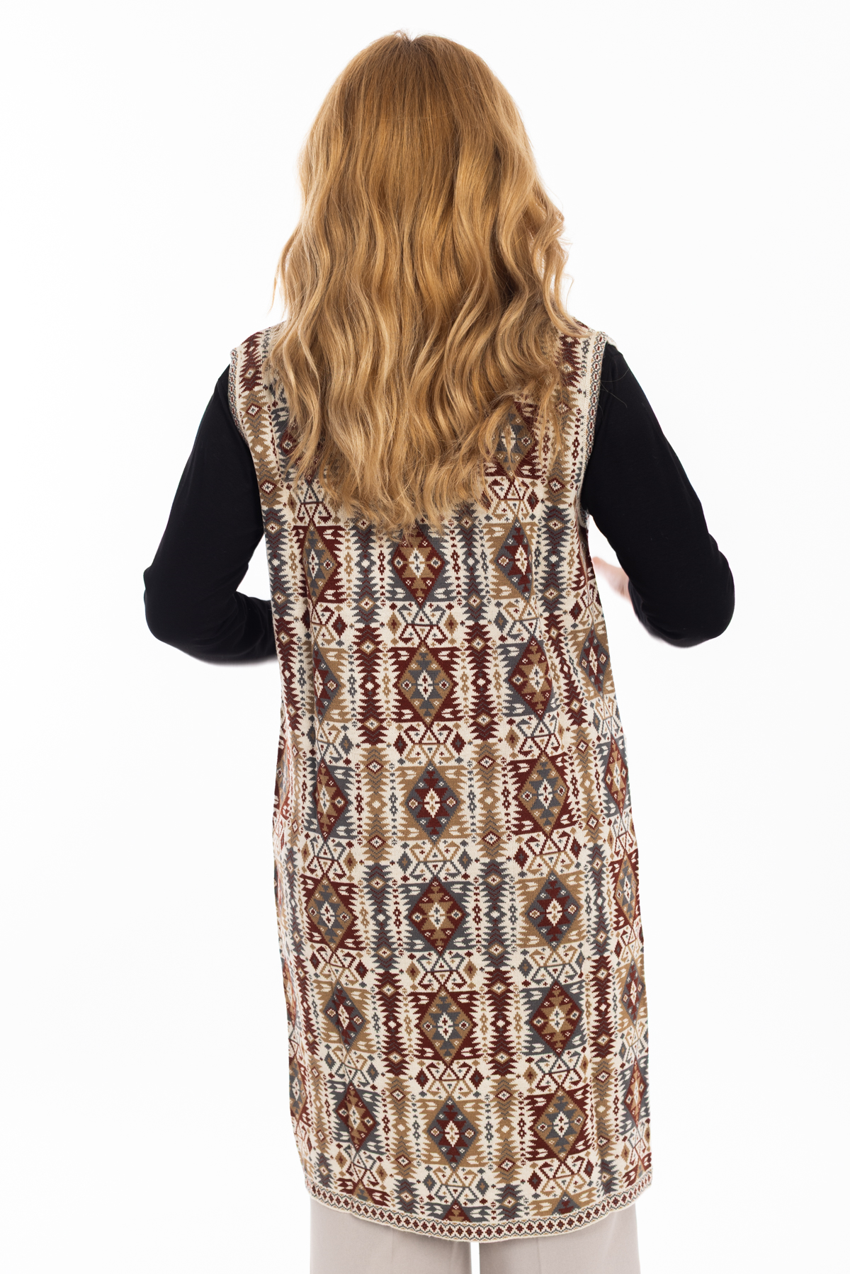 Kadın Klasik Etnik Desen Triko Örgü Kilim Anne Yelek 1052 Uzun