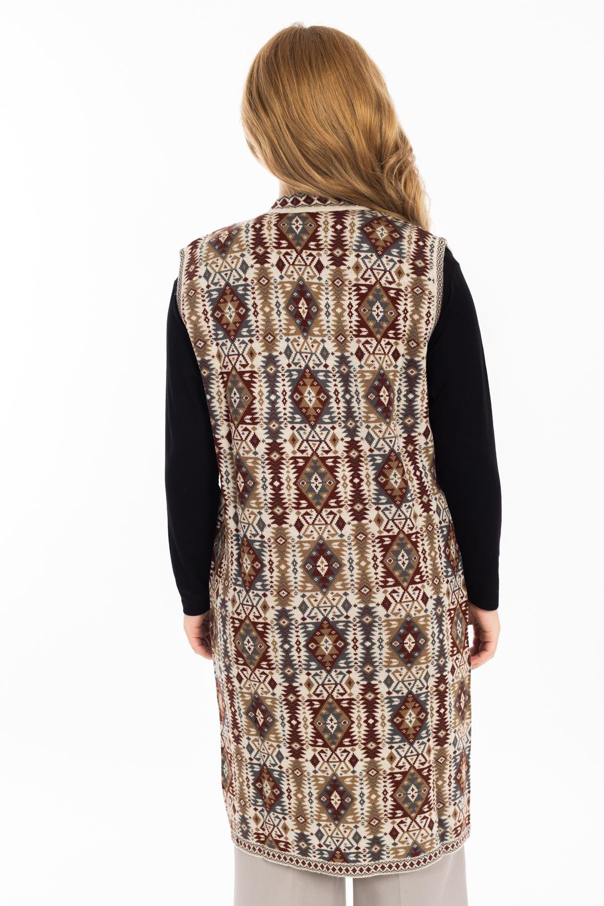 Kadın Klasik Etnik Desen Triko Örgü Kilim Anne Yelek 1052 Uzun