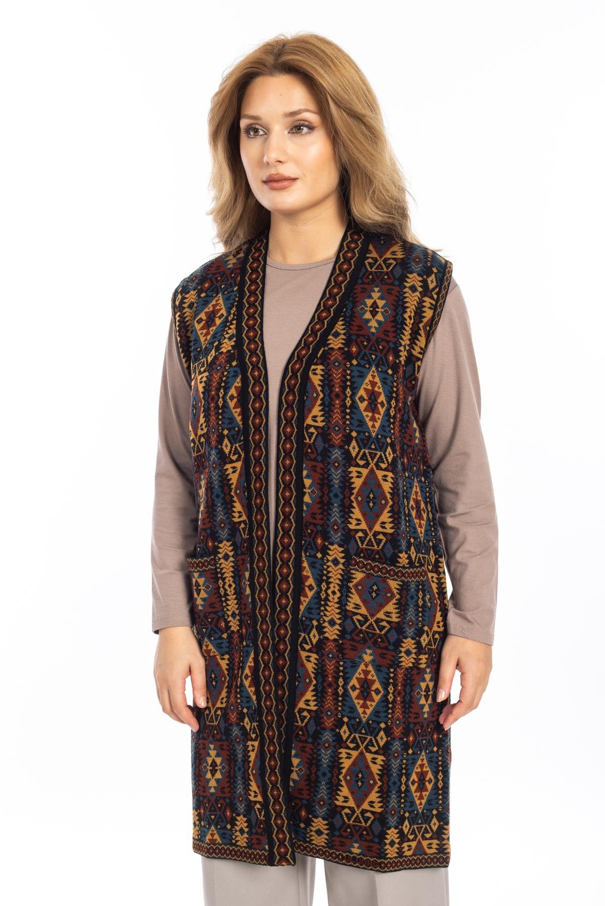Kadın Klasik Etnik Desen Triko Örgü Kilim Anne Yelek 1052 Uzun