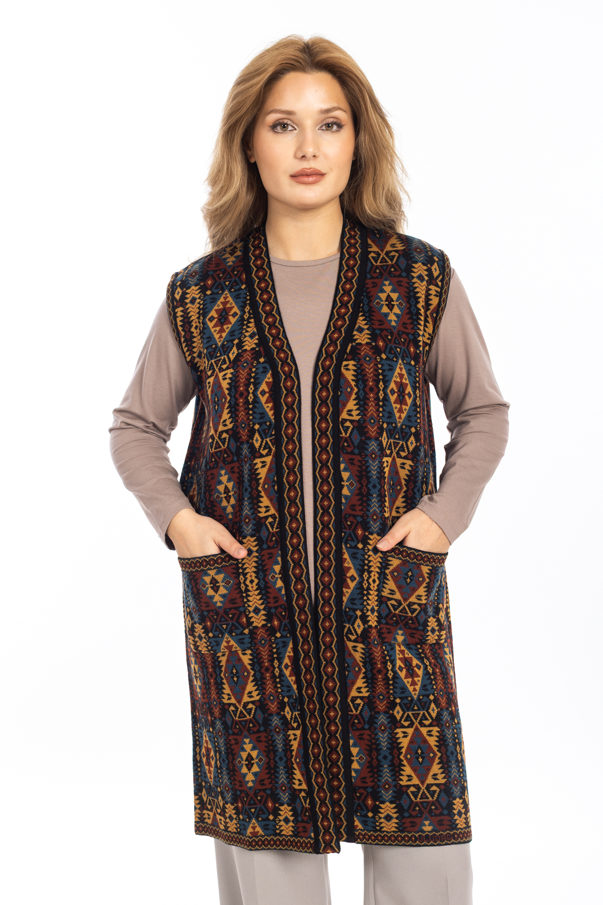 Kadın Klasik Etnik Desen Triko Örgü Kilim Anne Yelek 1052 Uzun