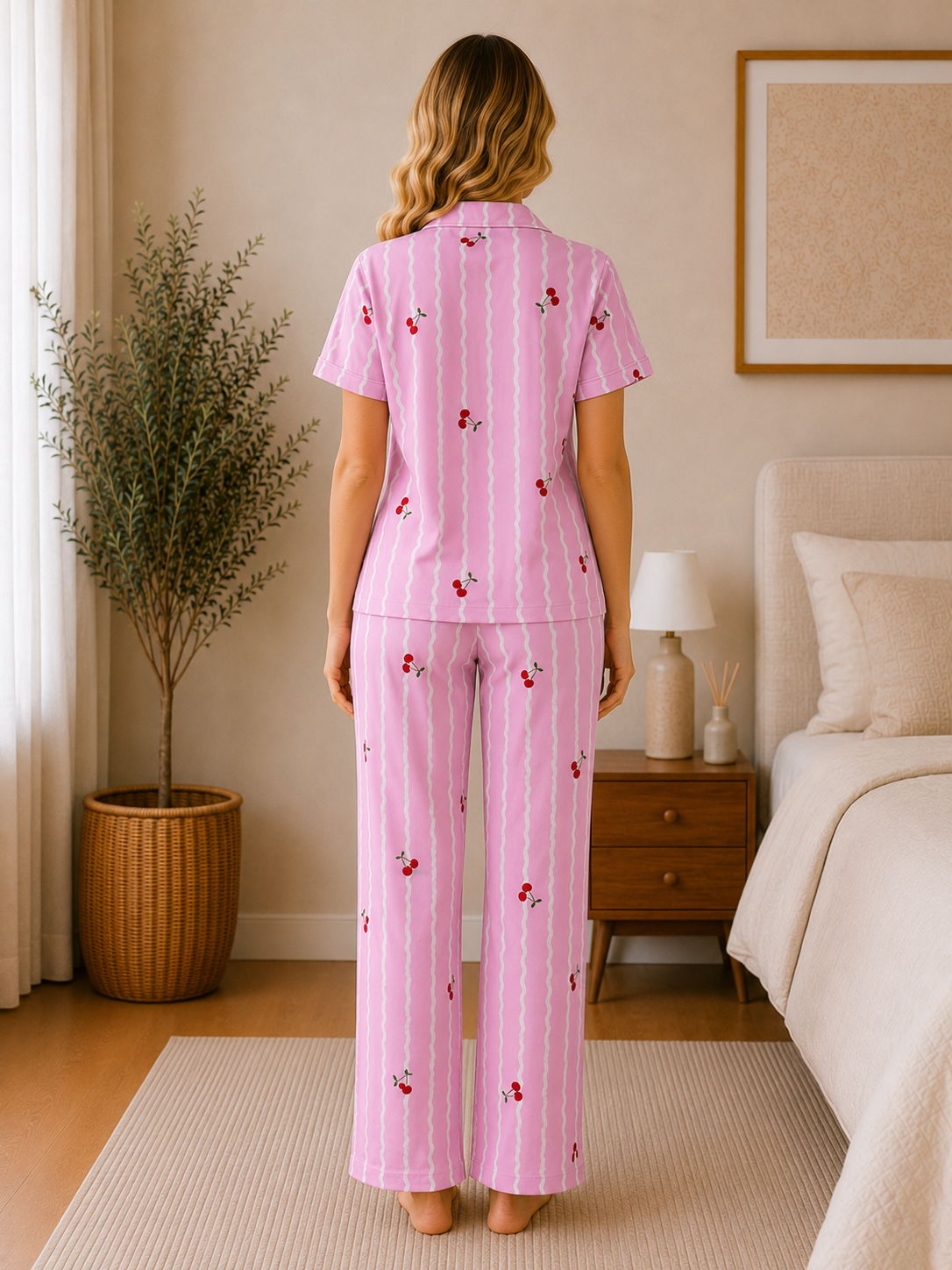 Kadın Milan Kumaş Rahat Kalıp Düğmeli Kısa Kollu Pijama Takımı 3149