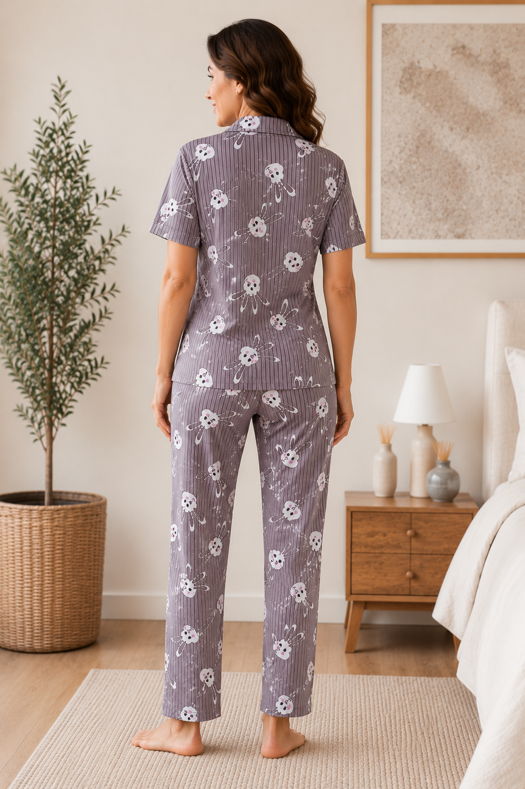 Kadın Milan Kumaş Rahat Kalıp Düğmeli Kısa Kollu Pijama Takımı 3149