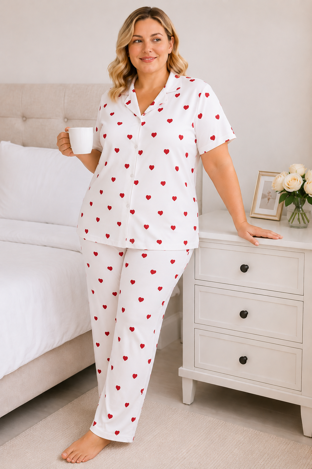 Kadın Milan Kumaş Rahat Kalıp Düğmeli Kısa Kollu Pijama Takımı 3149
