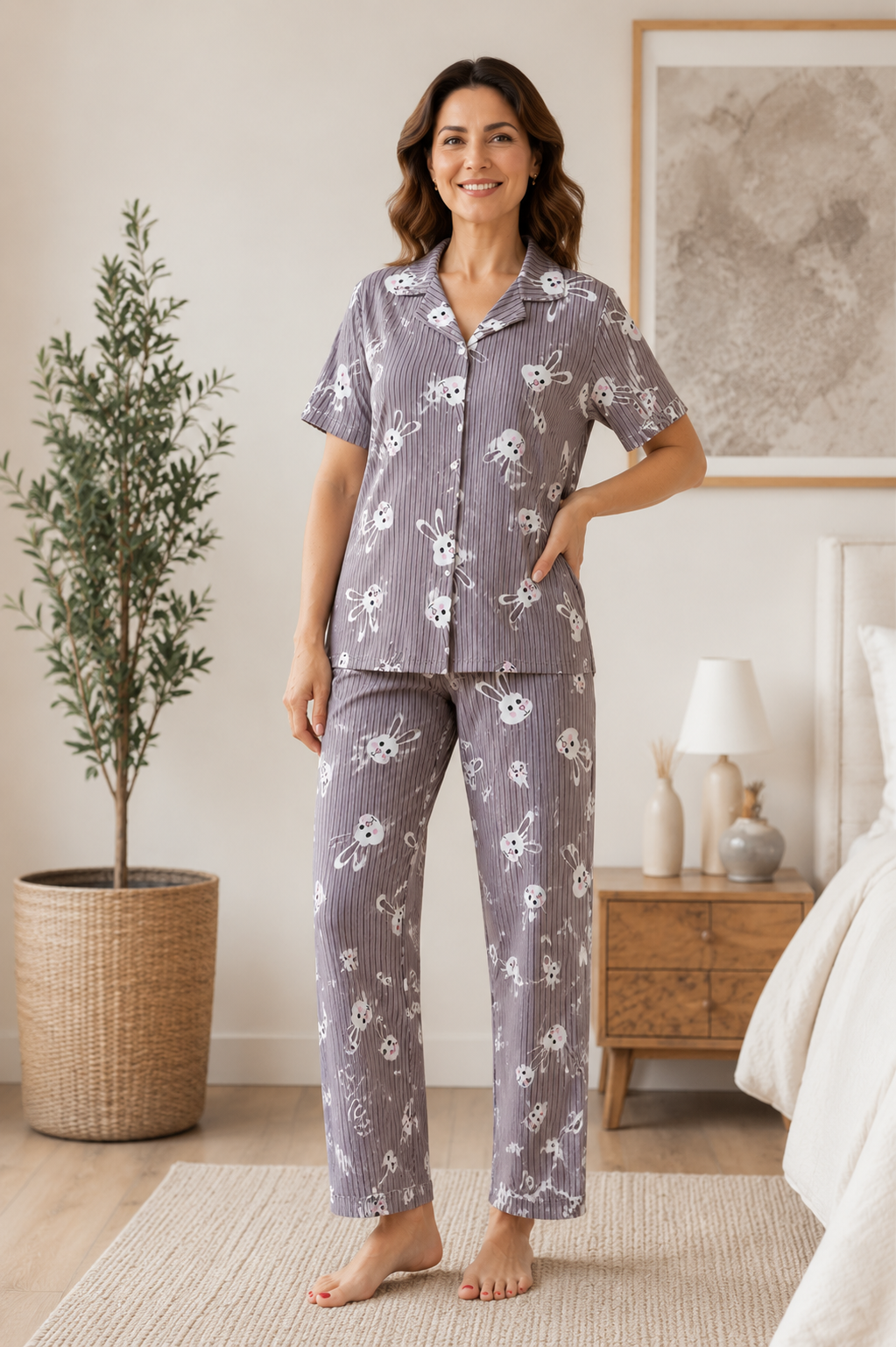 Kadın Milan Kumaş Rahat Kalıp Düğmeli Kısa Kollu Pijama Takımı 3149