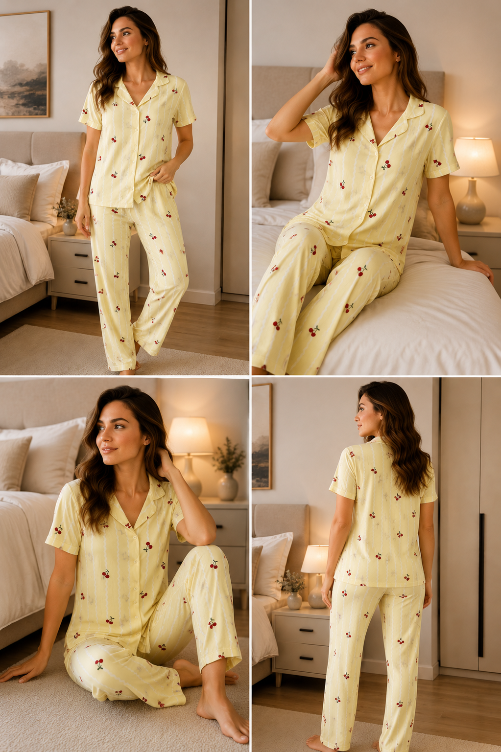 Kadın Milan Kumaş Rahat Kalıp Düğmeli Kısa Kollu Pijama Takımı 3149
