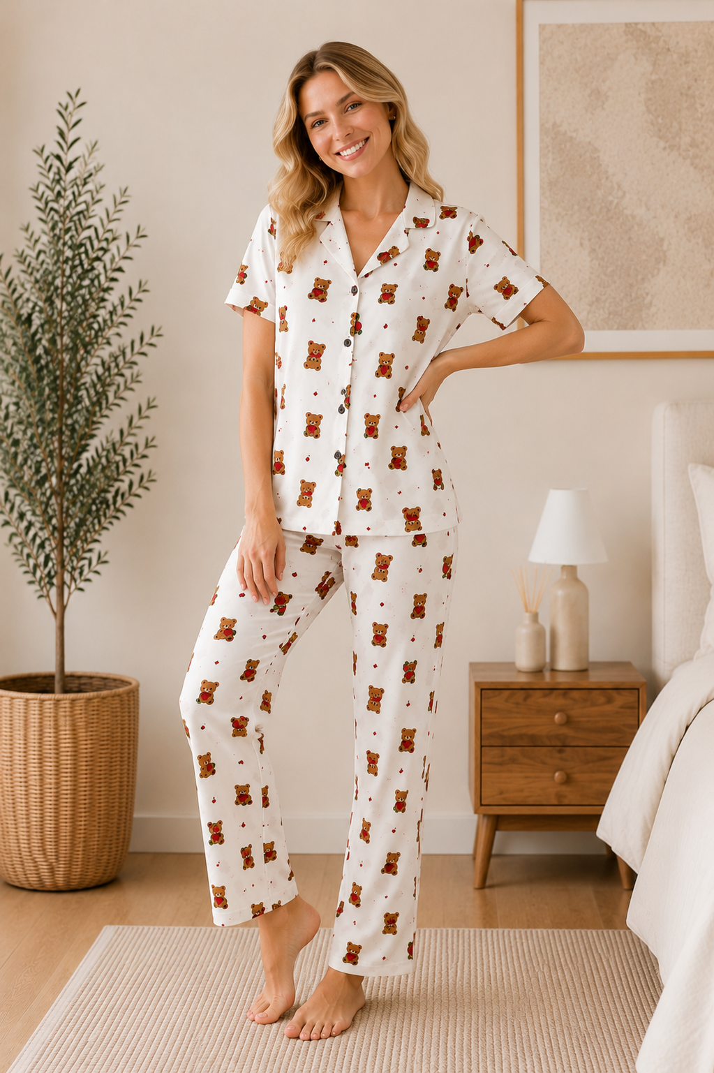 Kadın Milan Kumaş Rahat Kalıp Düğmeli Kısa Kollu Pijama Takımı 3149