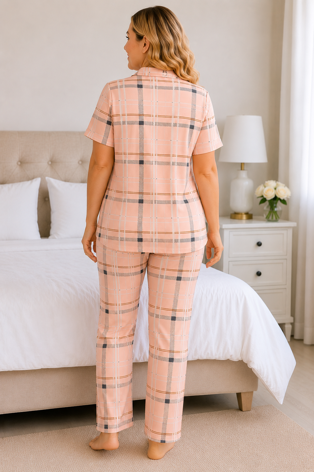 Kadın Milan Kumaş Rahat Kalıp Düğmeli Kısa Kollu Pijama Takımı 3149