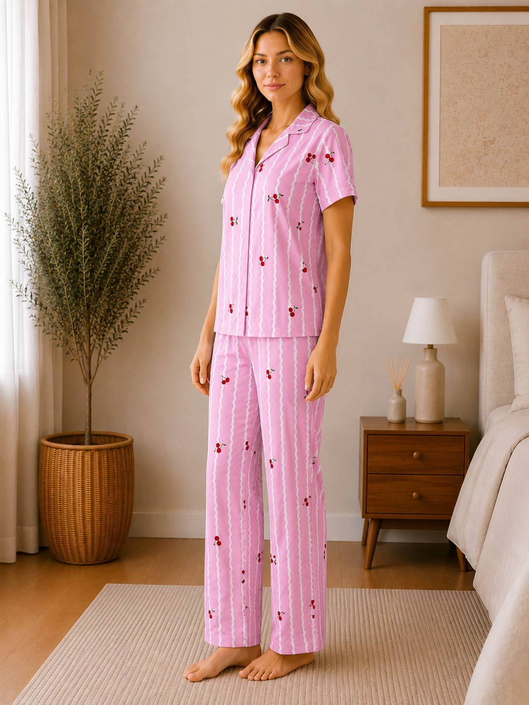 Kadın Milan Kumaş Rahat Kalıp Düğmeli Kısa Kollu Pijama Takımı 3149