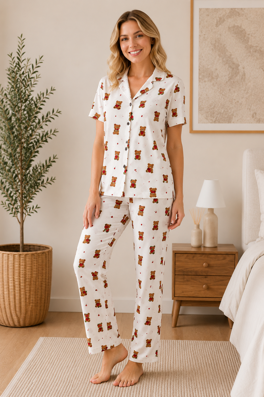 Kadın Milan Kumaş Rahat Kalıp Düğmeli Kısa Kollu Pijama Takımı 3149