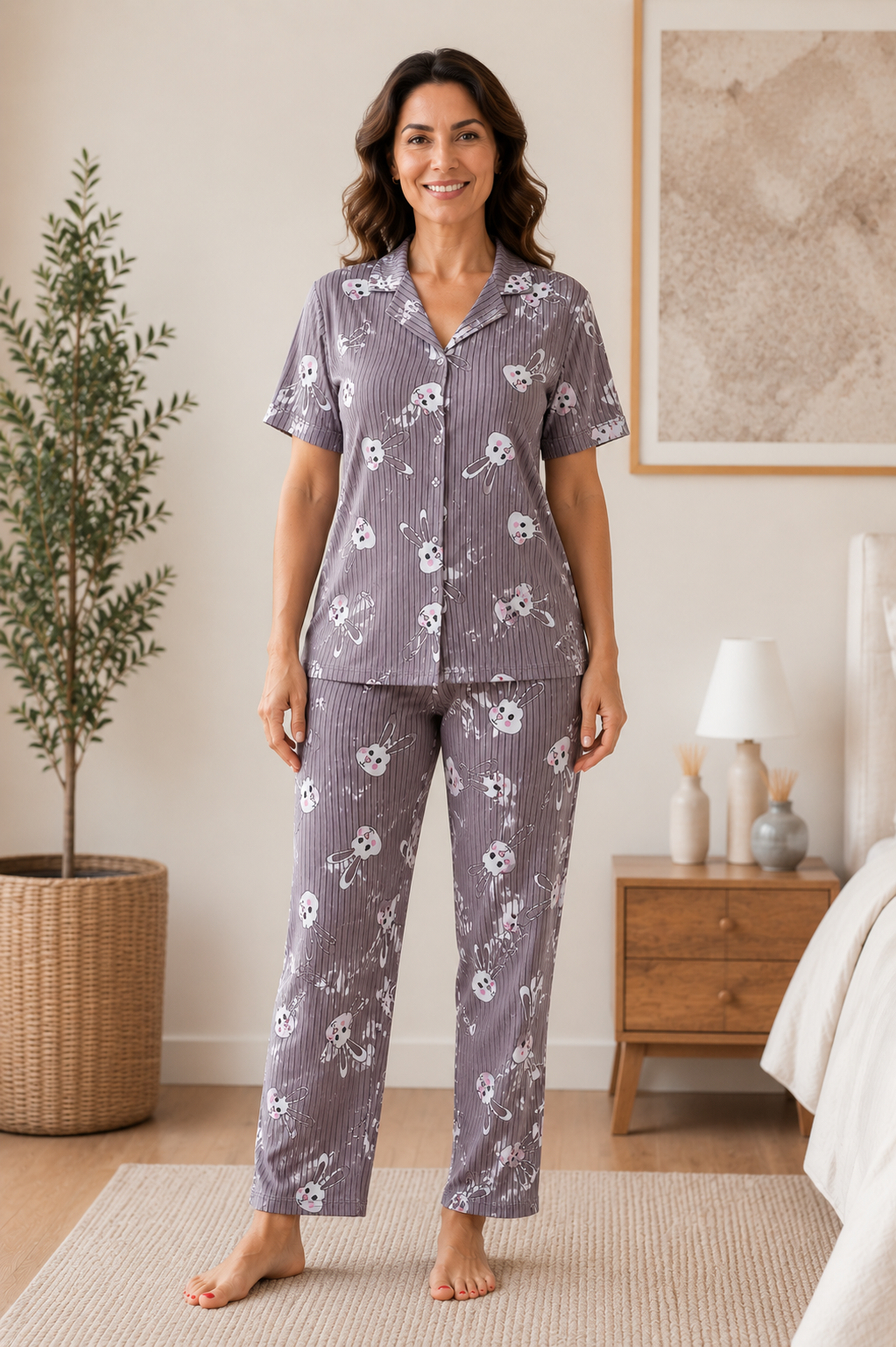 Kadın Milan Kumaş Rahat Kalıp Düğmeli Kısa Kollu Pijama Takımı 3149