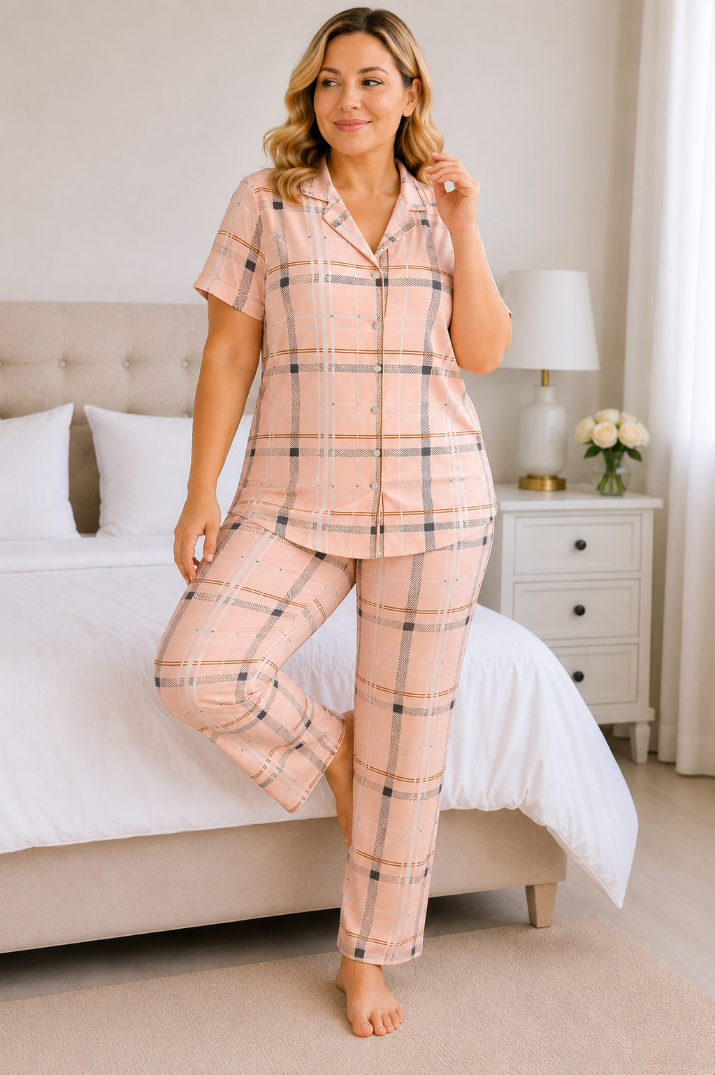 Kadın Milan Kumaş Rahat Kalıp Düğmeli Kısa Kollu Pijama Takımı 3149