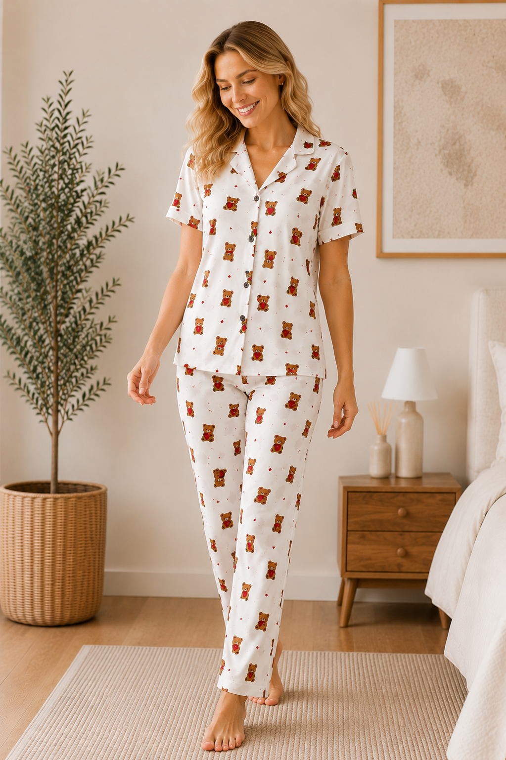 Kadın Milan Kumaş Rahat Kalıp Düğmeli Kısa Kollu Pijama Takımı 3149