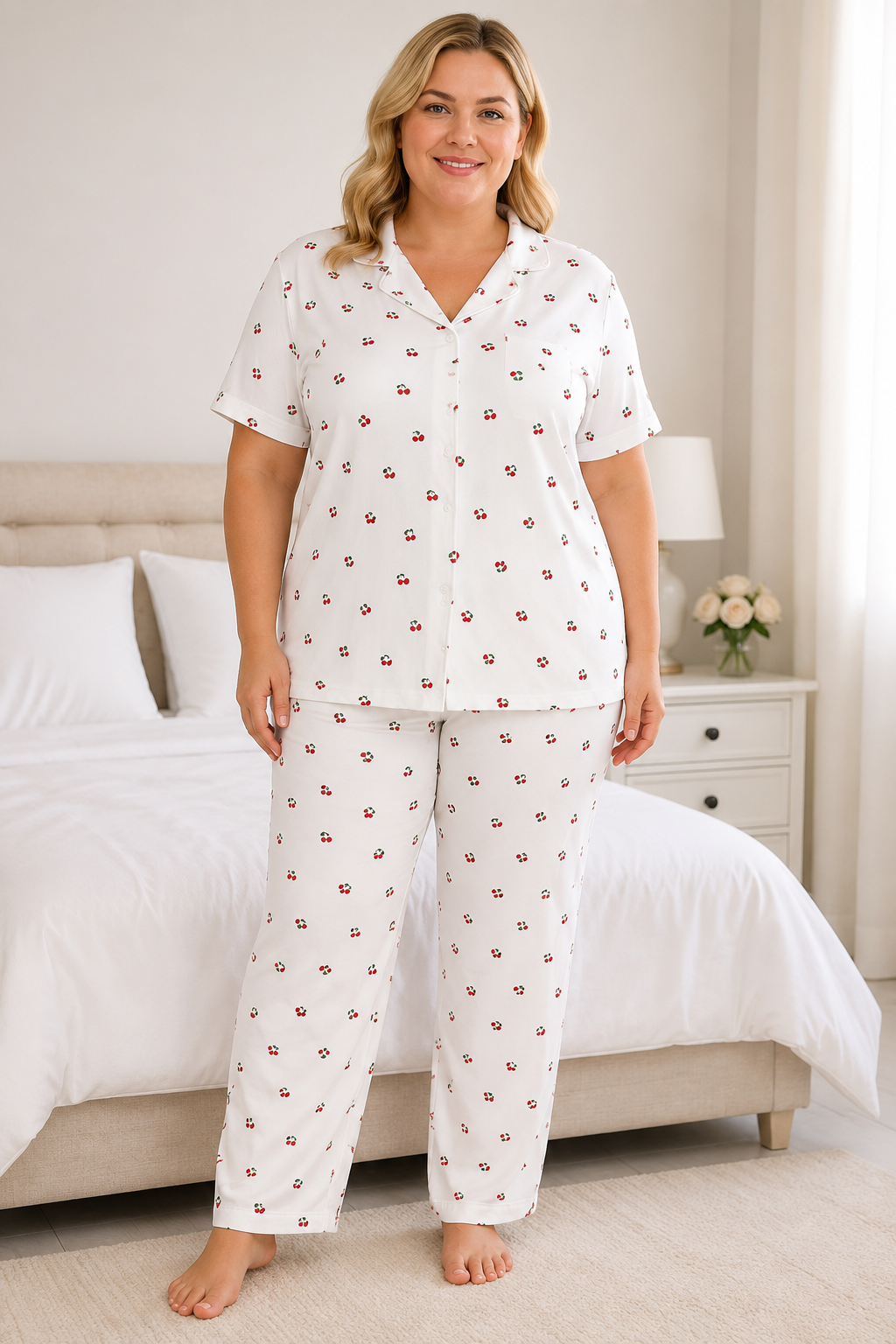 Kadın Milan Kumaş Rahat Kalıp Düğmeli Kısa Kollu Pijama Takımı 3149