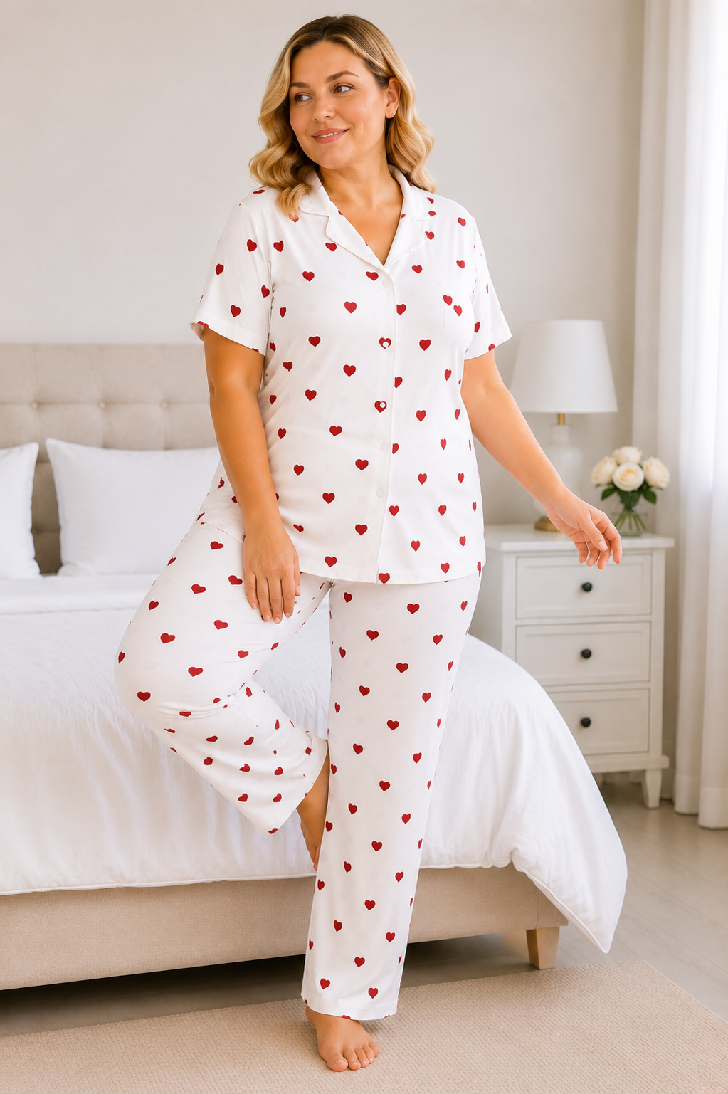 Kadın Milan Kumaş Rahat Kalıp Düğmeli Kısa Kollu Pijama Takımı 3149