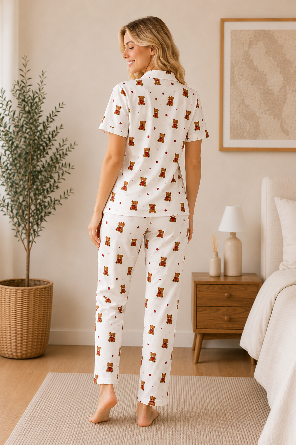 Kadın Milan Kumaş Rahat Kalıp Düğmeli Kısa Kollu Pijama Takımı 3149