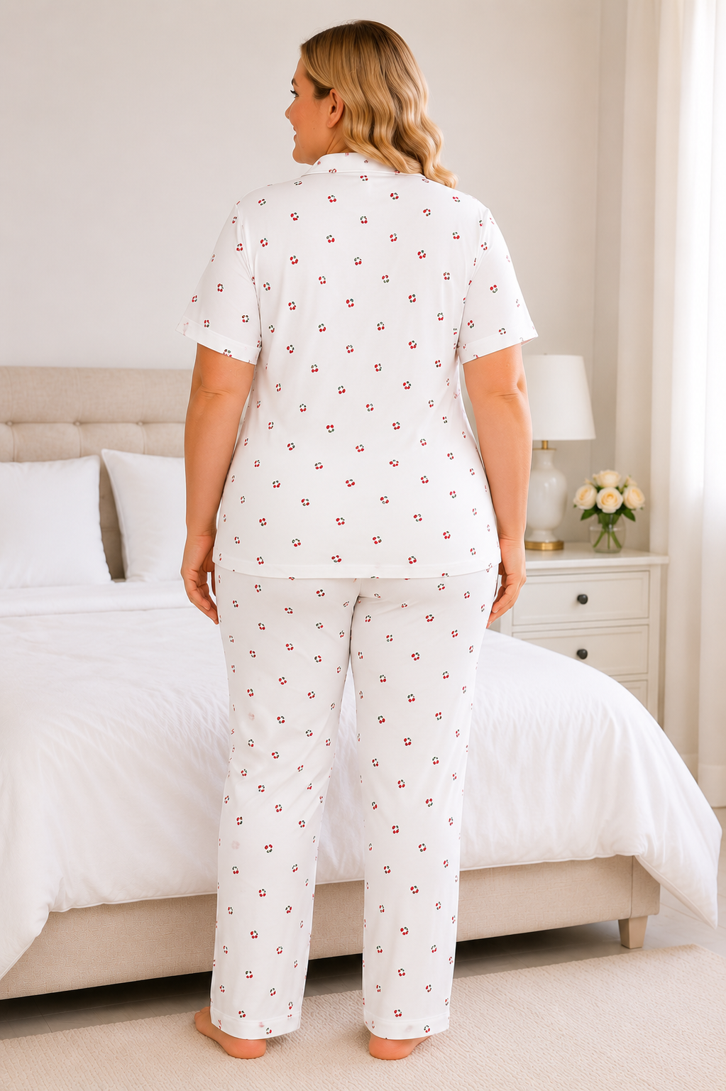 Kadın Milan Kumaş Rahat Kalıp Düğmeli Kısa Kollu Pijama Takımı 3149