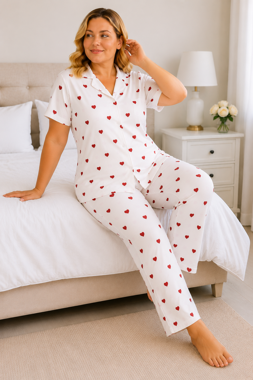 Kadın Milan Kumaş Rahat Kalıp Düğmeli Kısa Kollu Pijama Takımı 3149