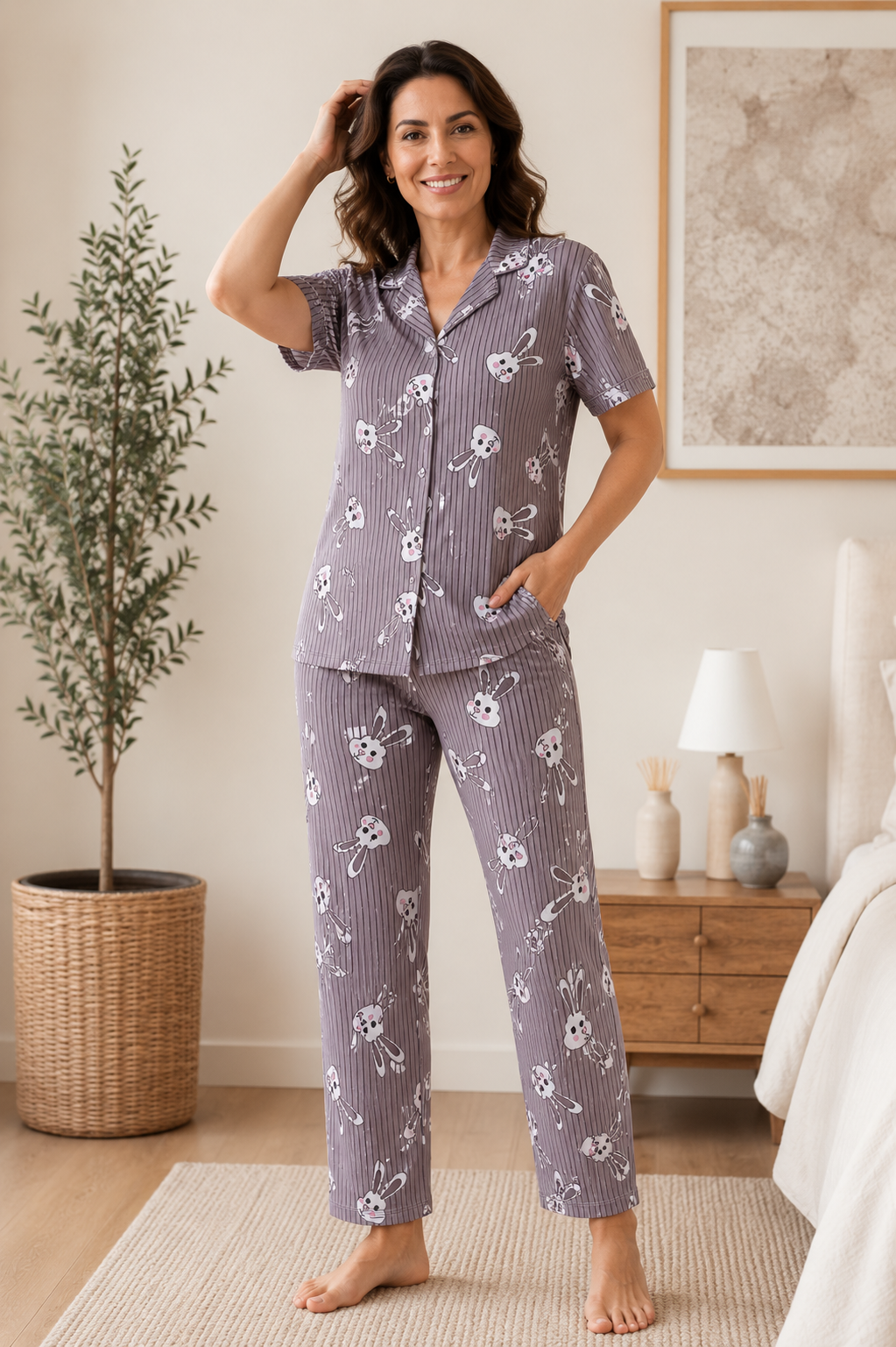 Kadın Milan Kumaş Rahat Kalıp Düğmeli Kısa Kollu Pijama Takımı 3149
