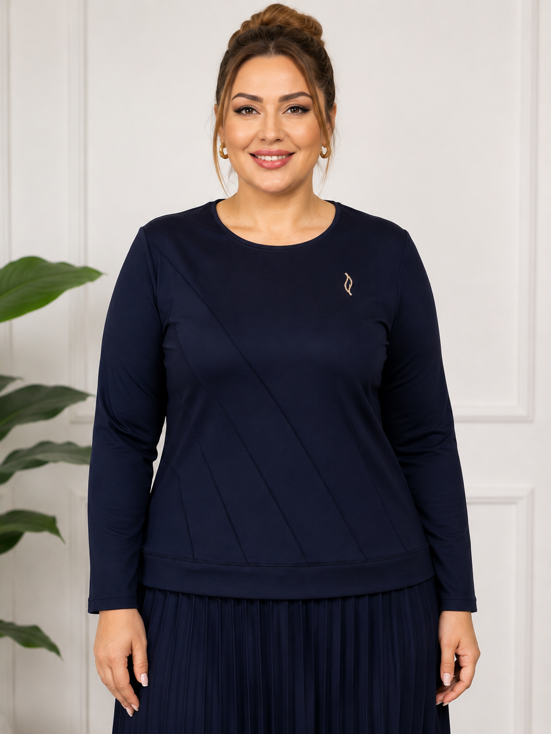 Kadın Orta Yaş ve Üzeri Büyük Beden Taş İşlemeli Anne Pileli Etek Bluz Takım 1445