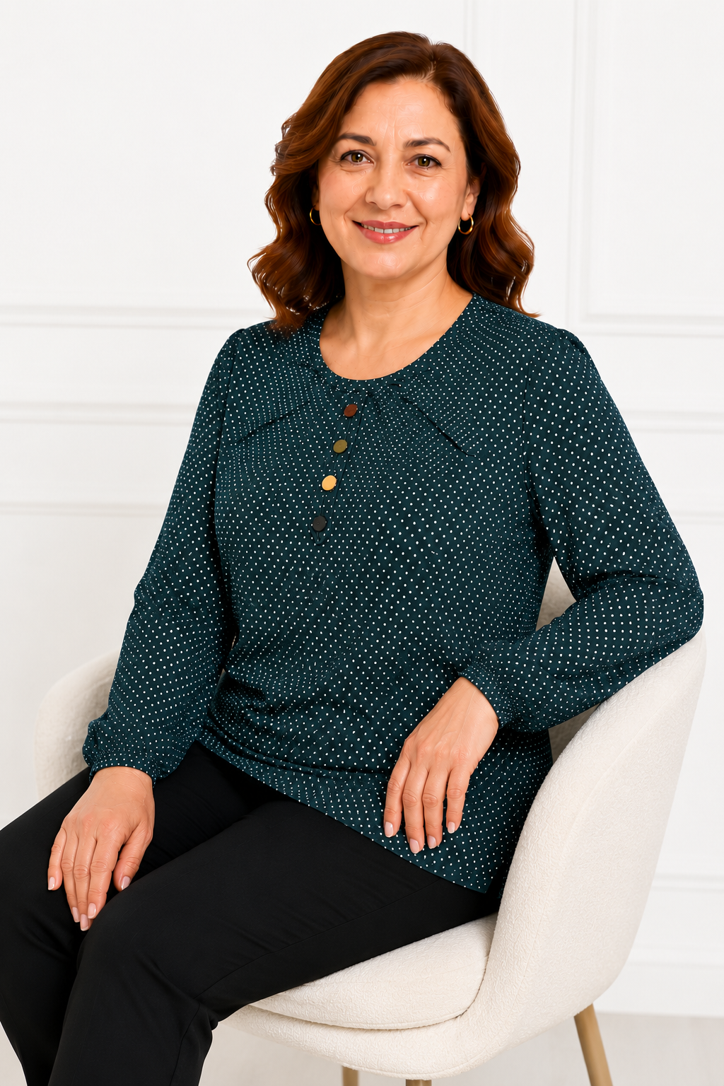Kadın Orta Yaş ve Üzeri Puantiye Desenli Kol Lastikli Anne Penye Bluz 1603